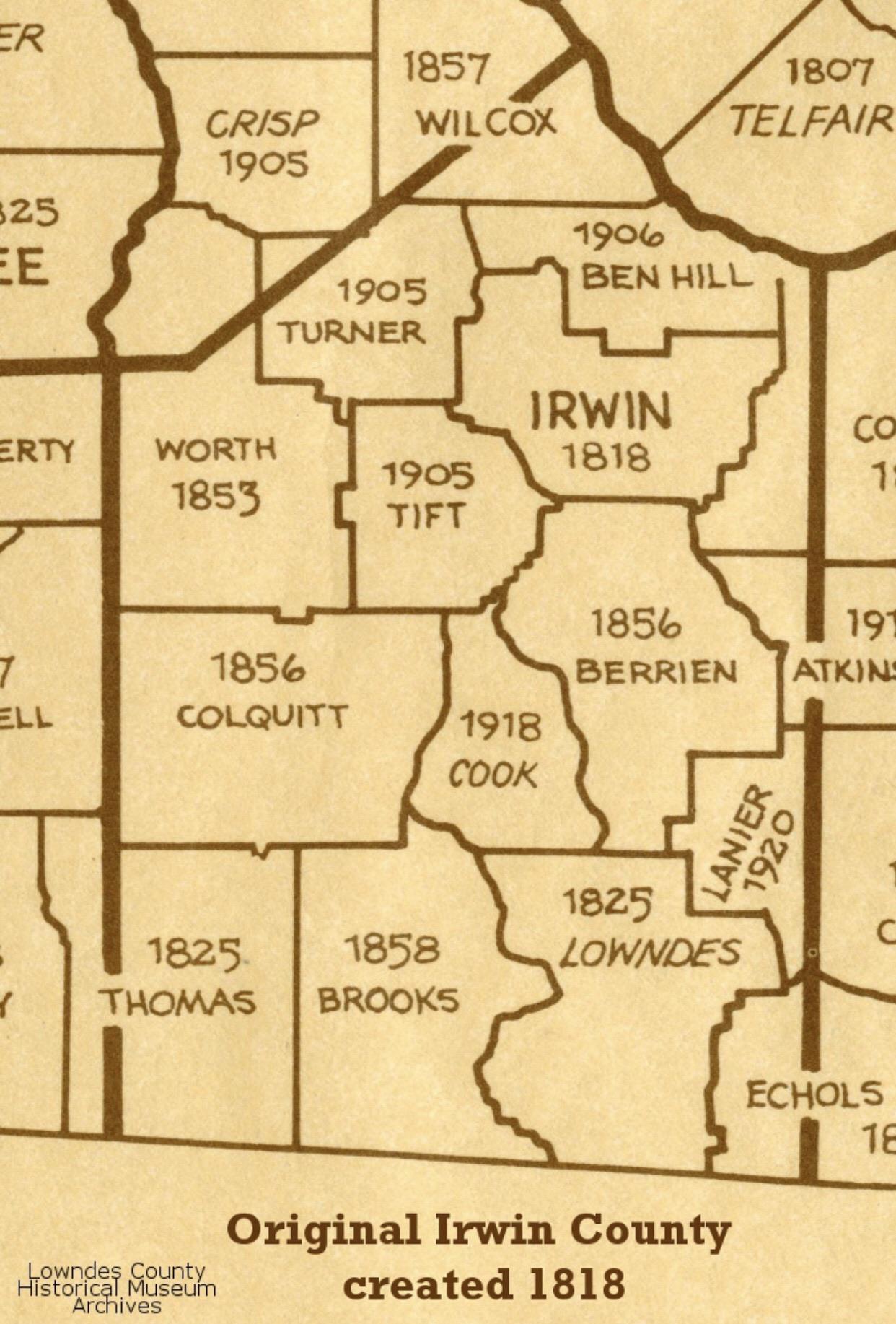 The former Irwin County, and all of the current counties that