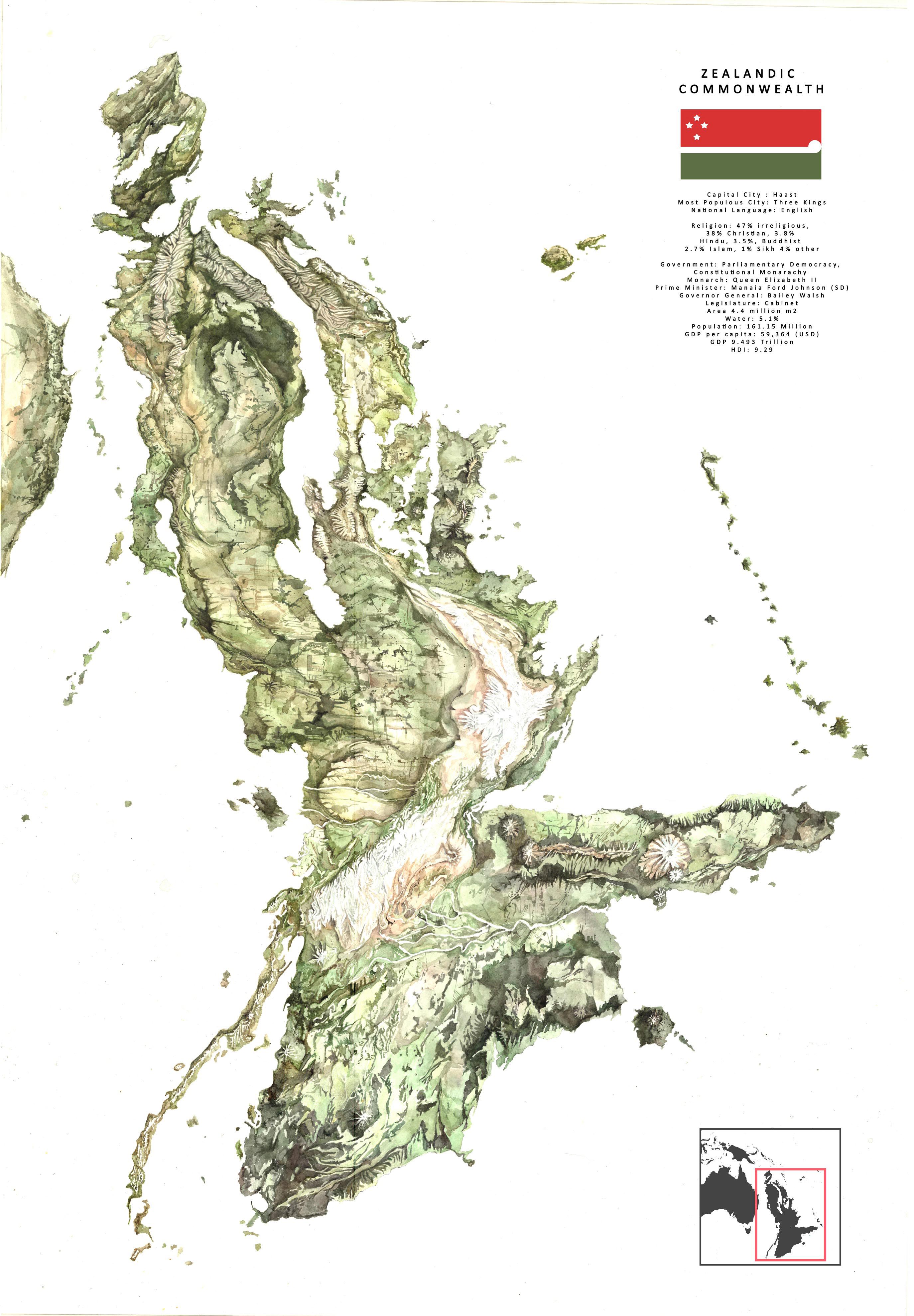 Zealandic Continent Satellite image A1 Watercolour // Demography in