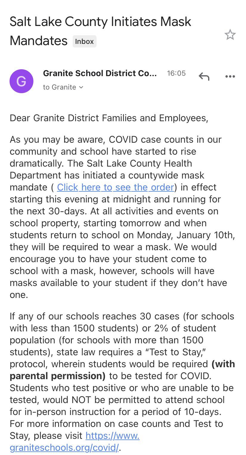 30 day mask mandate in schools starting Monday, January 10 2022! r/SaltLakeCity