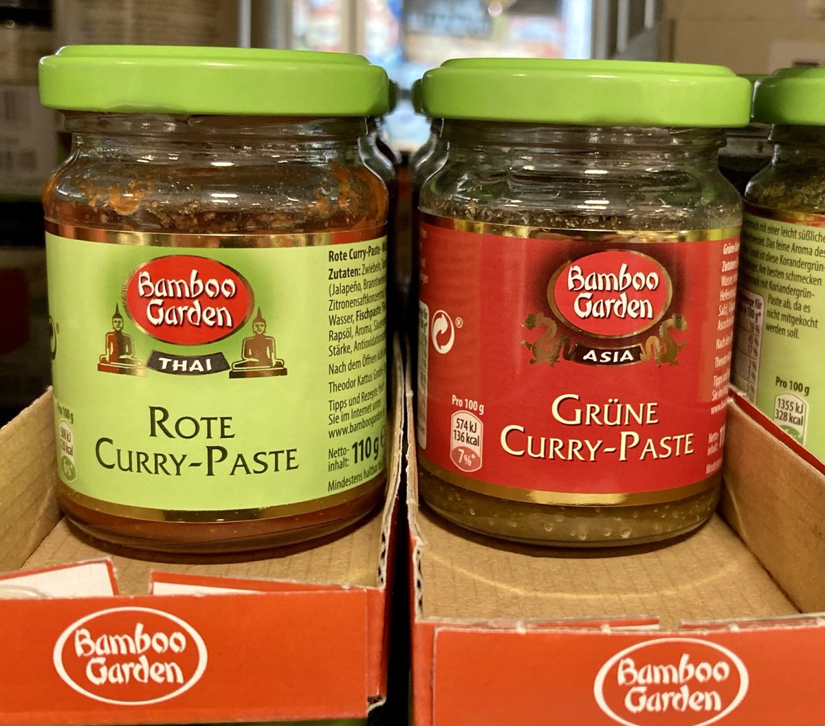 German curry sauce. Red version is labeled green, green version is