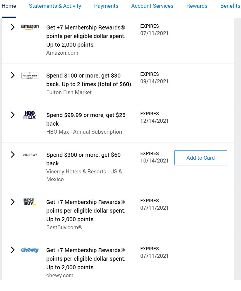 Some new Amex offers showing on my Platinum, Green, & Gold r/amex