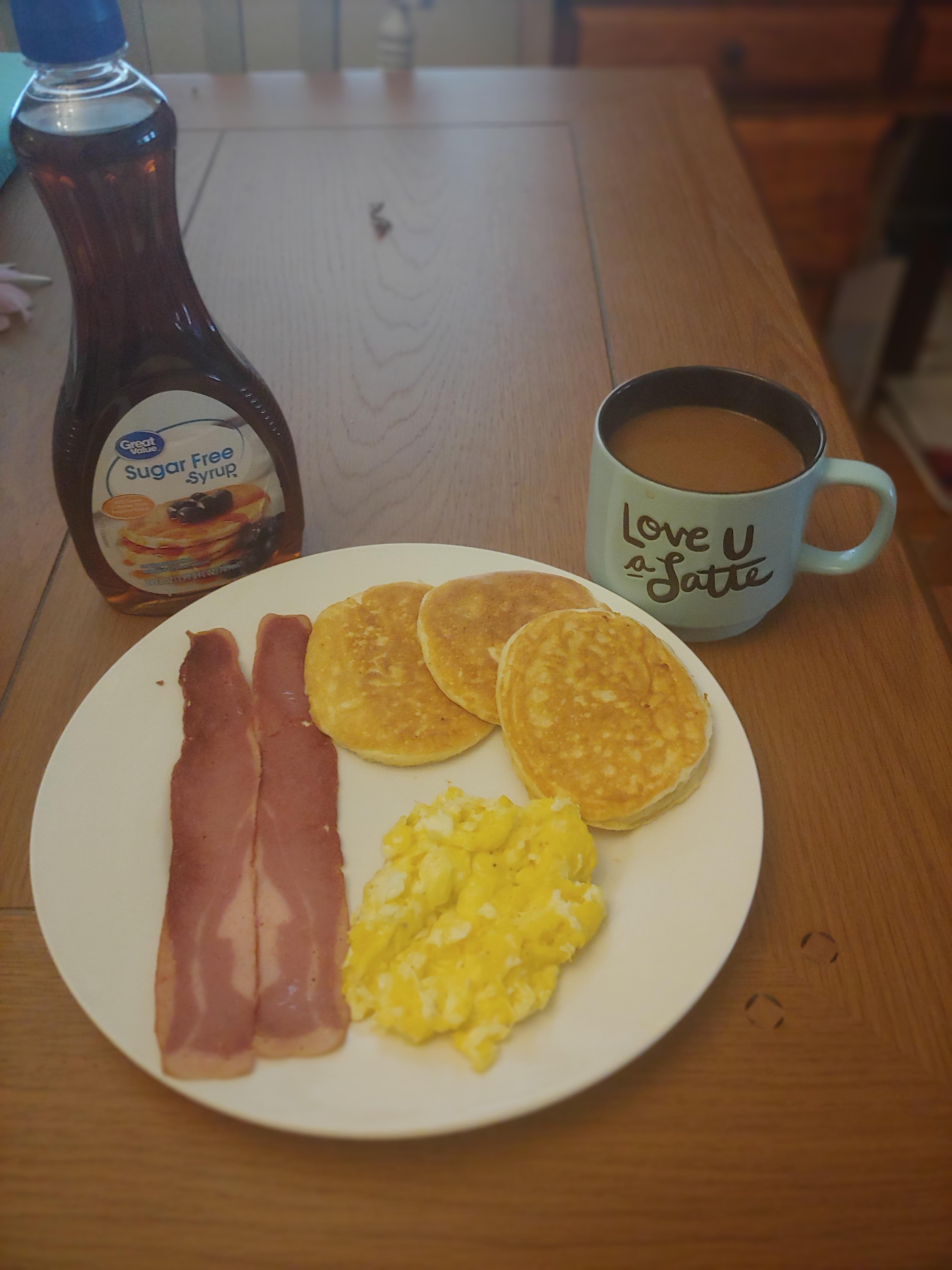 My 425 breakfast, coffee creamer and syrup included. Turkey bacon, 2