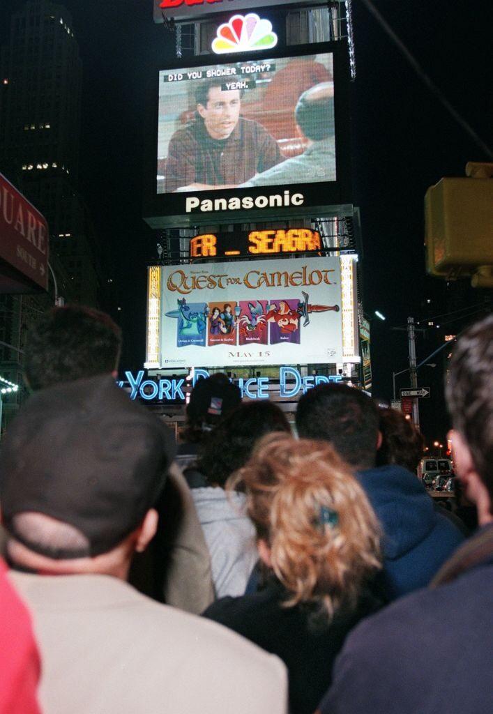 Fans gather in Times Square to watch the finale of Seinfeld which was