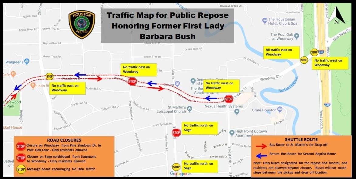 Bush Road Closure Dc Map Road closure map for First Lady Barbara Bush houston