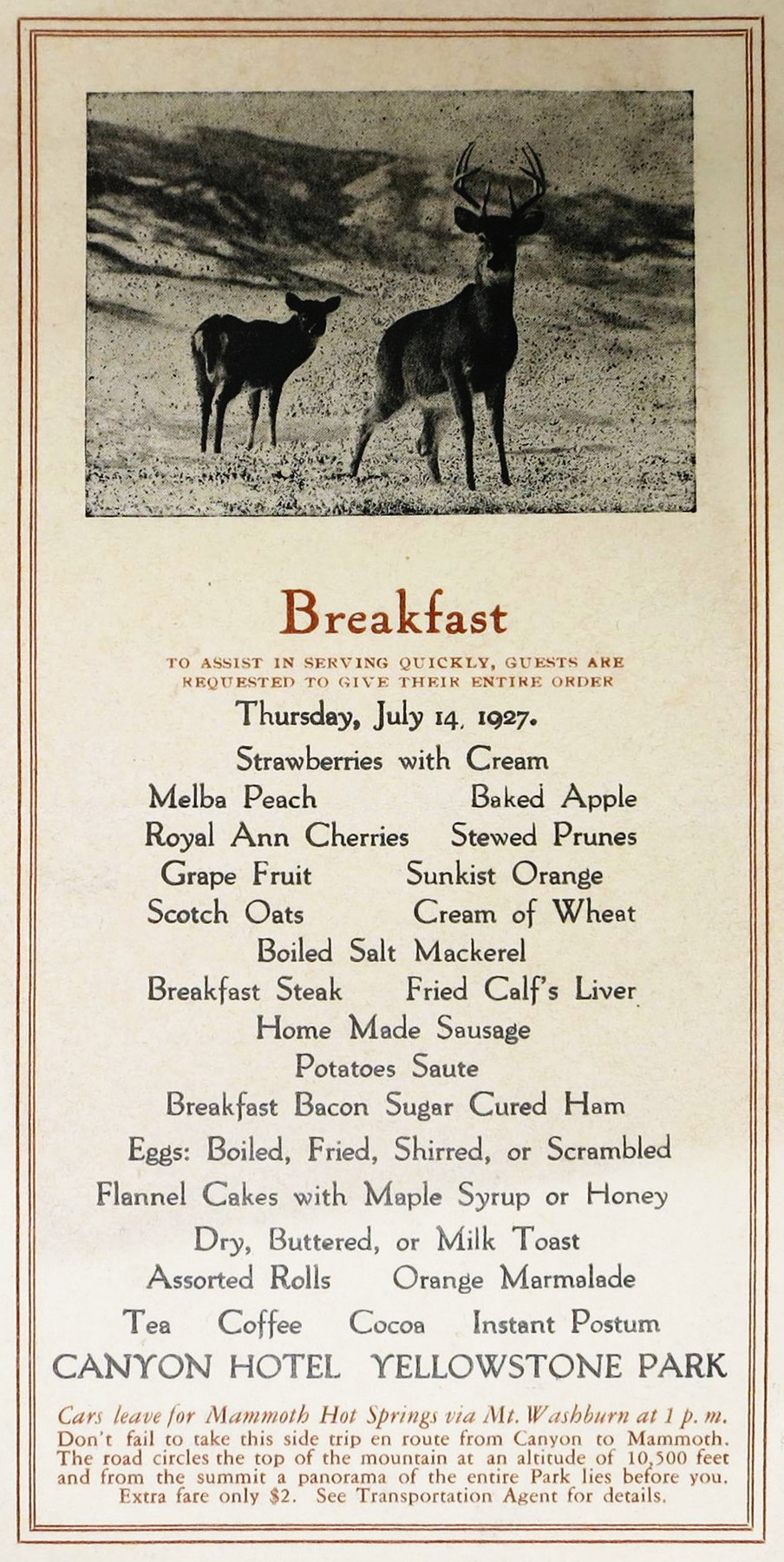 Breakfast at the Canyon Hotel Yellowstone National Park, WY 1927