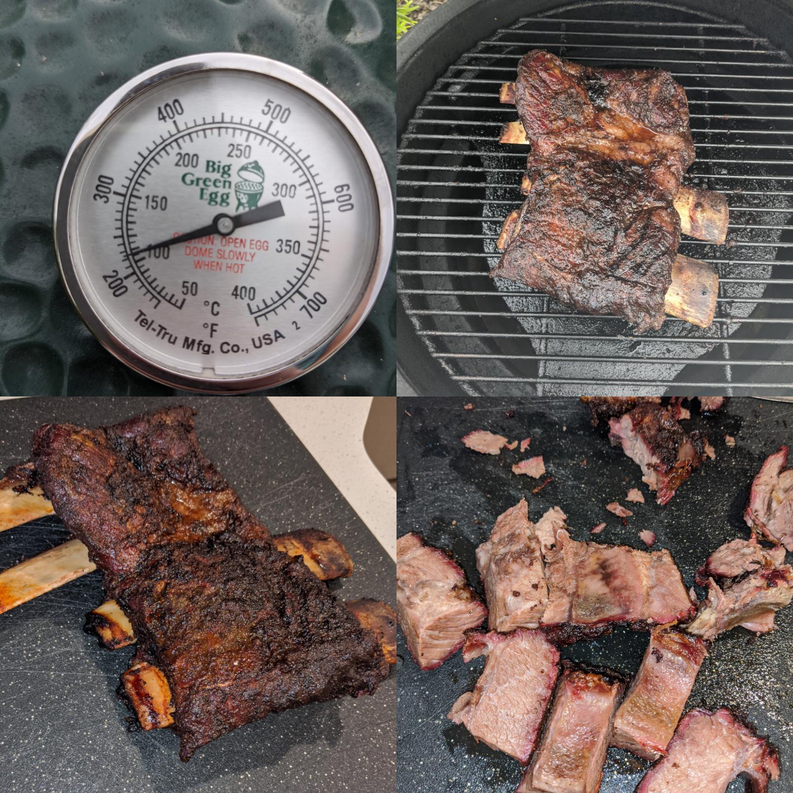 Smoked beef ribs. 225. 7 hours. 45 mins rest before slicing. biggreenegg
