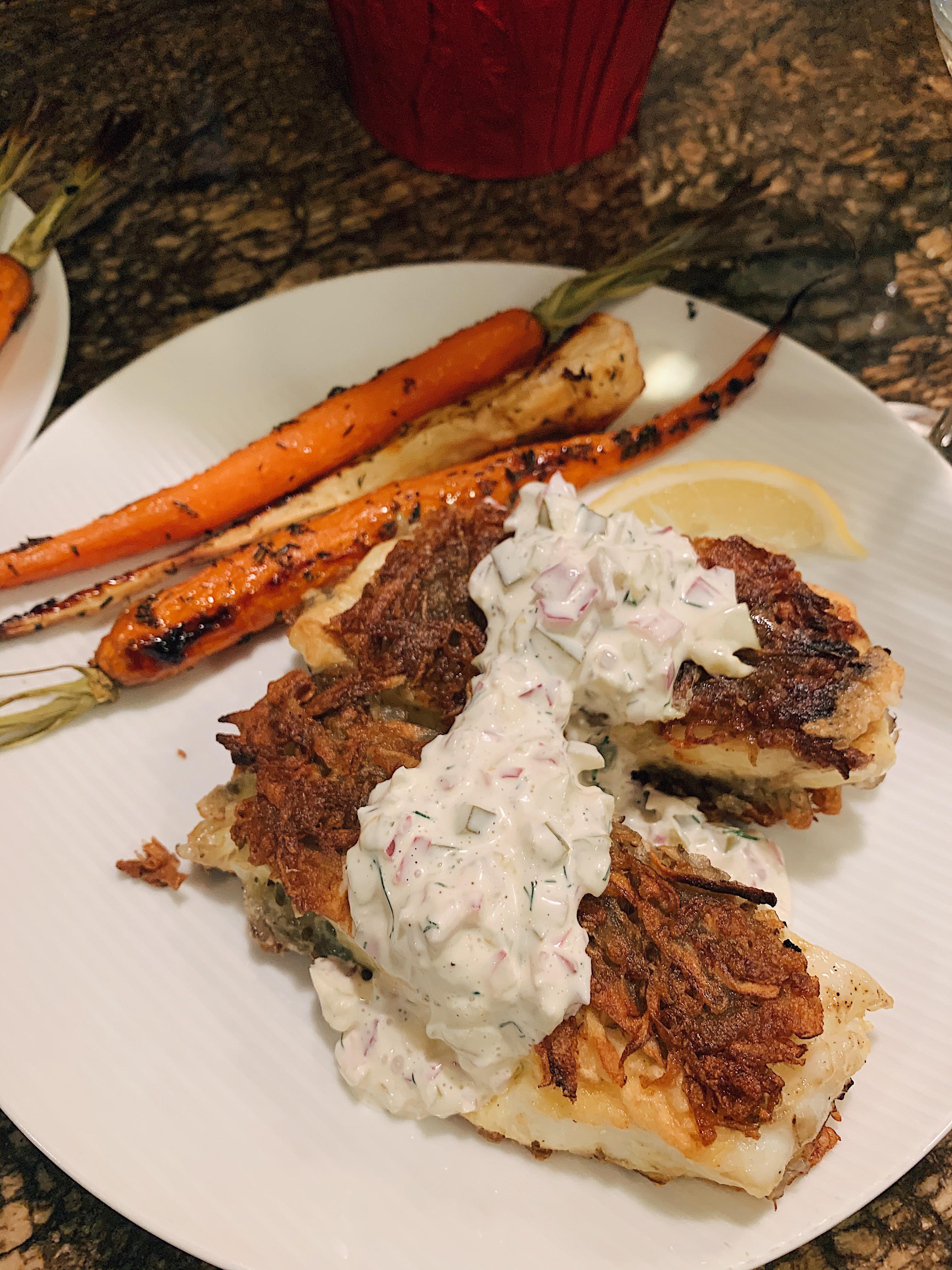 Homemade potato crusted halibut with a side of maplethyme roasted