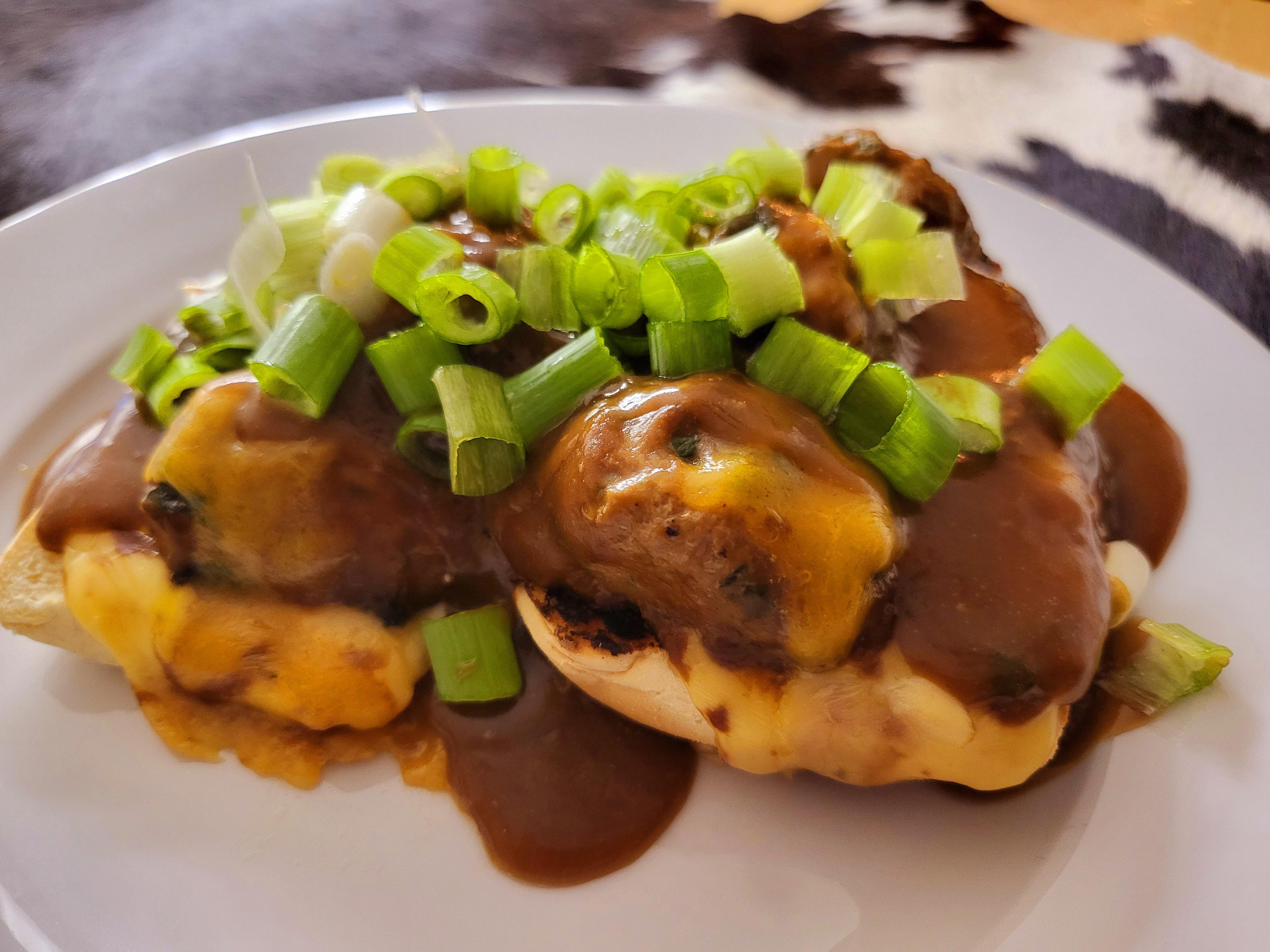[Homemade]Open faced meatball, horseradish cheddar, gravy sandwich r/food