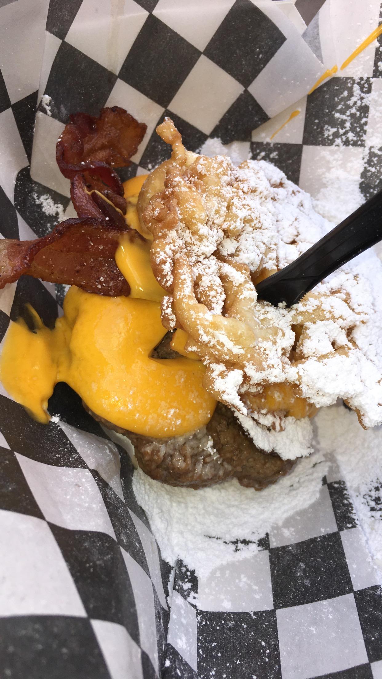 [I Ate] Funnel Cake Queso Bacon Burger food