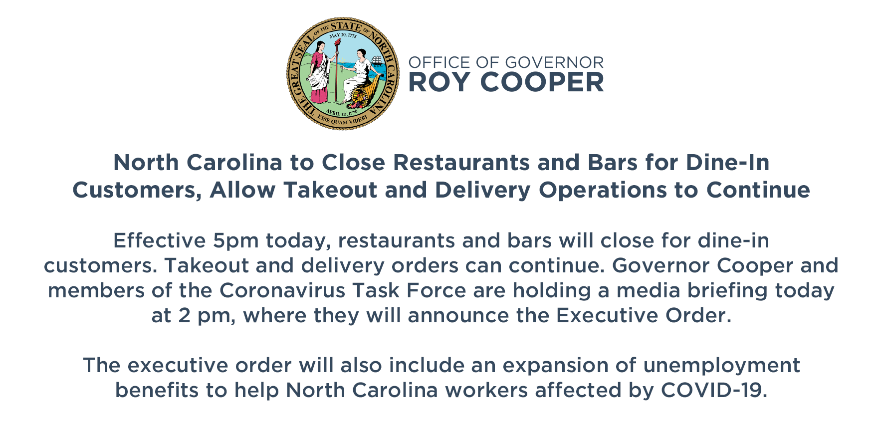 Executive order closes restaurants and bars for dinein starting today