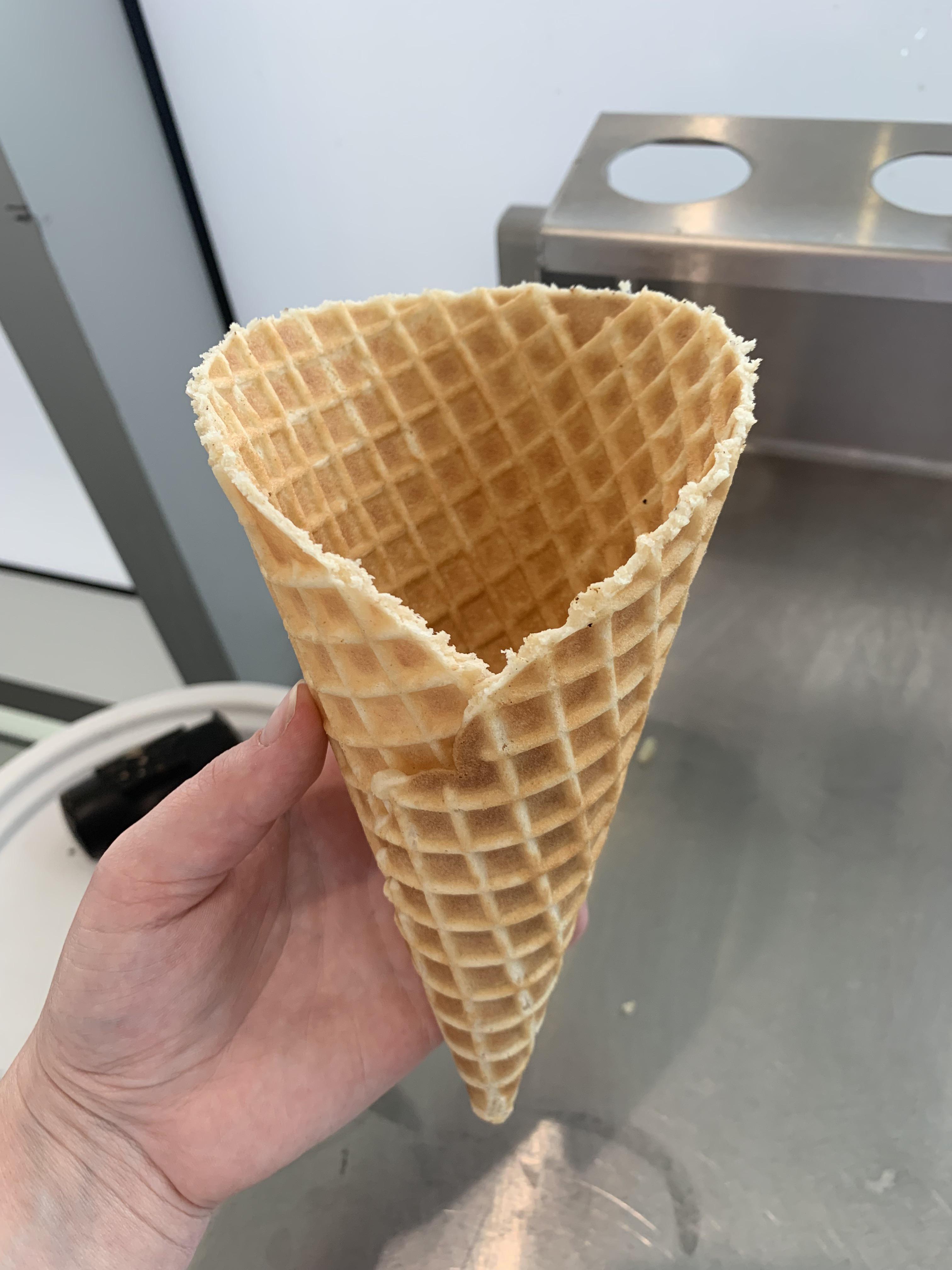 I work at a frozen custard shop, we make our own waffle cones. Here is