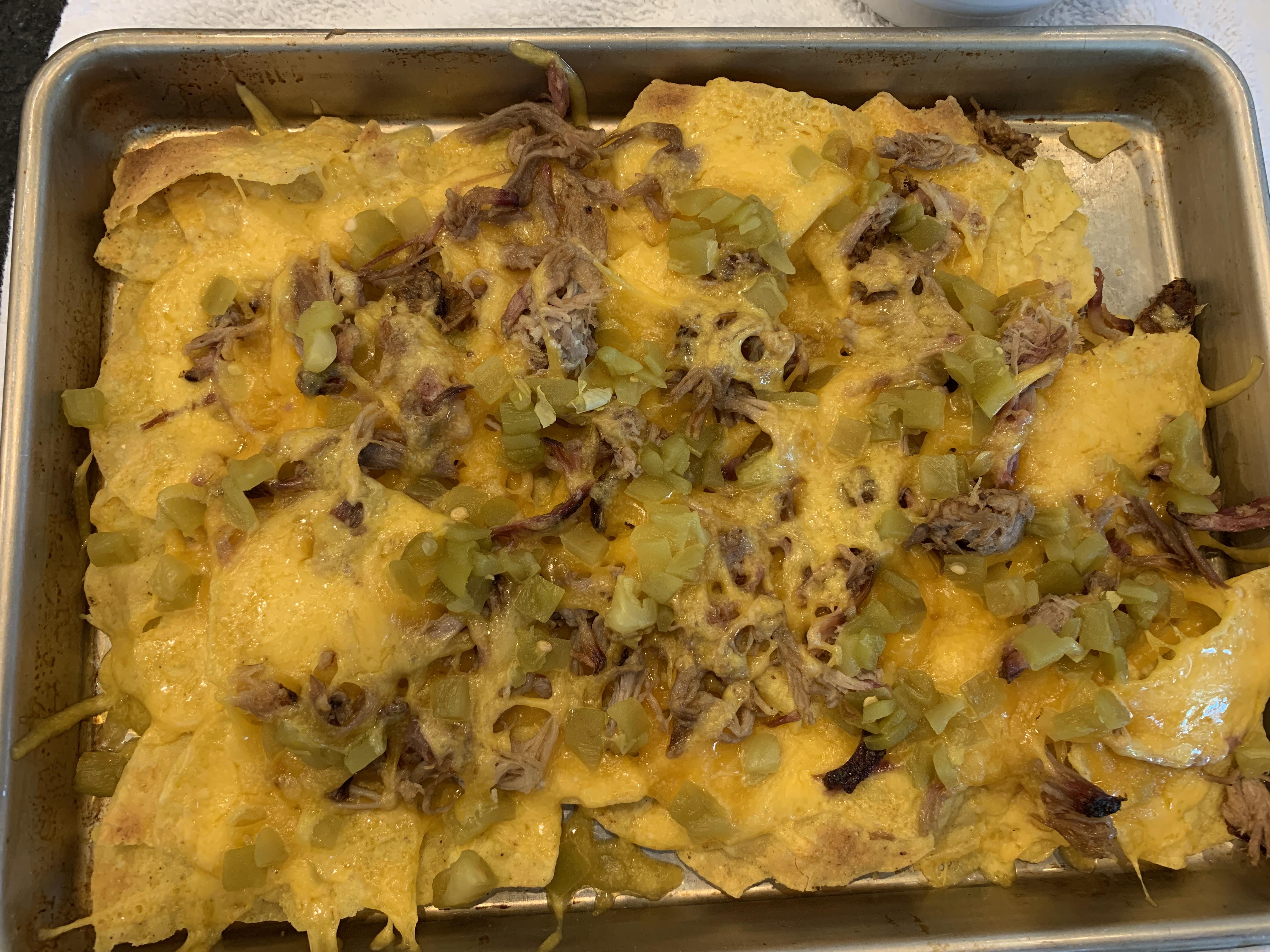Leftover pulled pork and green chili nachos r/Traeger