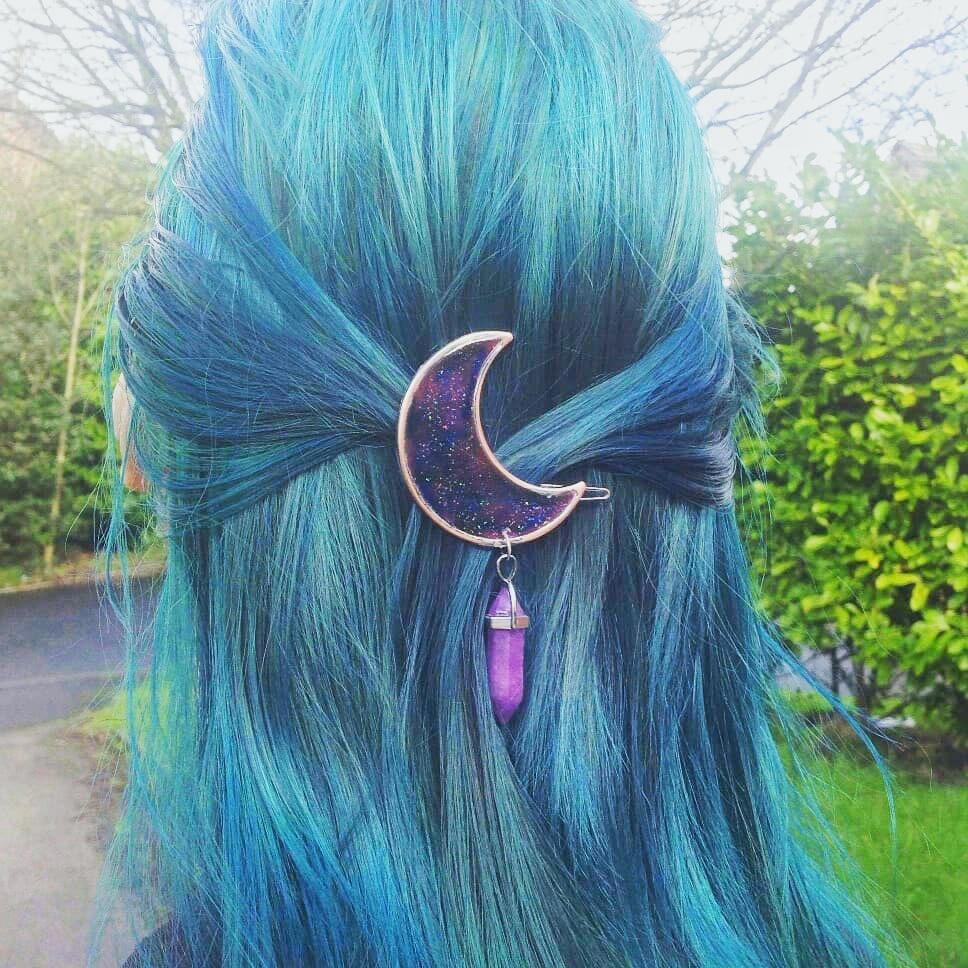 Resin and faux crystal moon hair barrette (several colours available