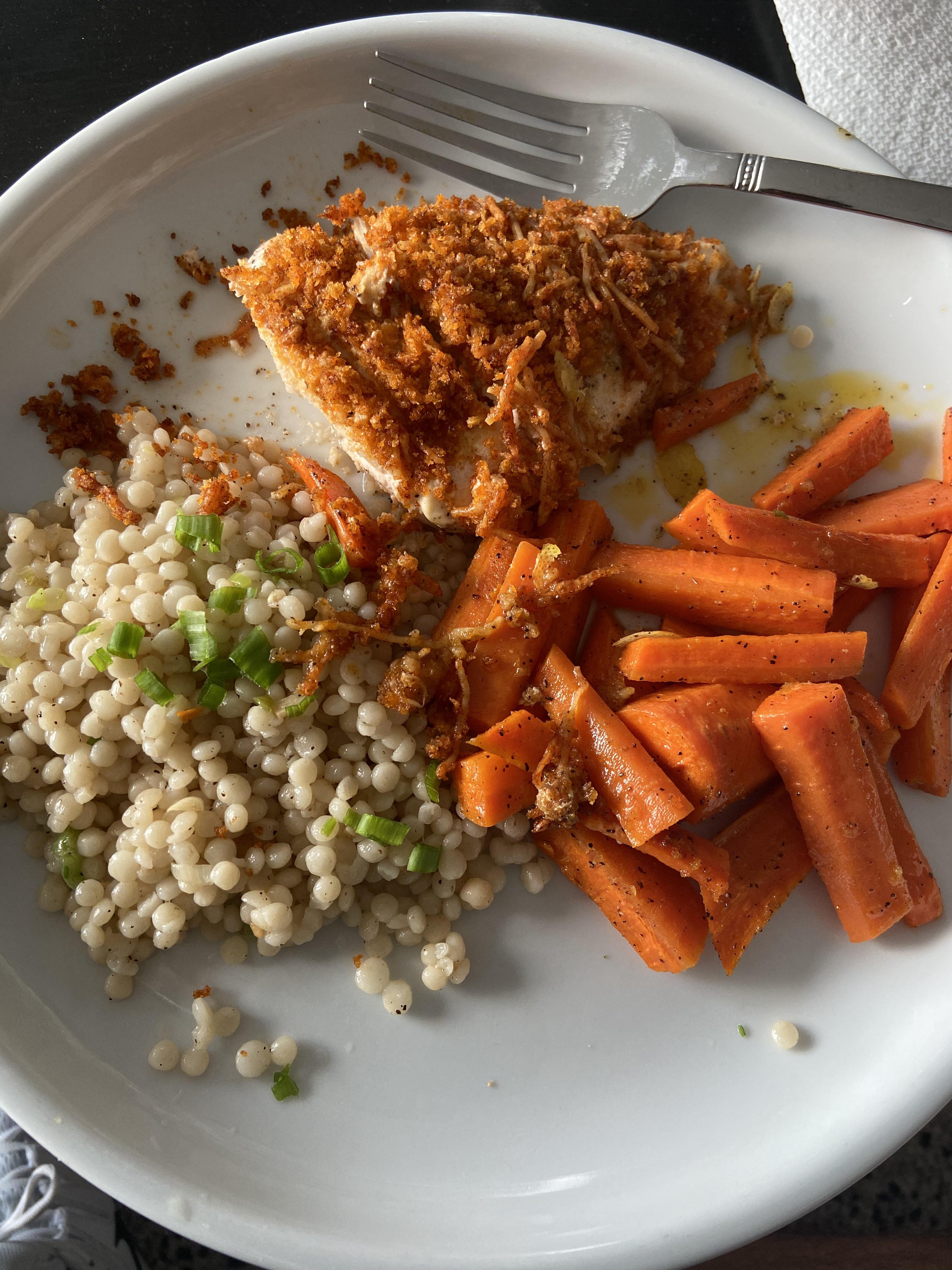 Crispy Parmesan Chicken w/ garlicky herb couscous and lemony carrots