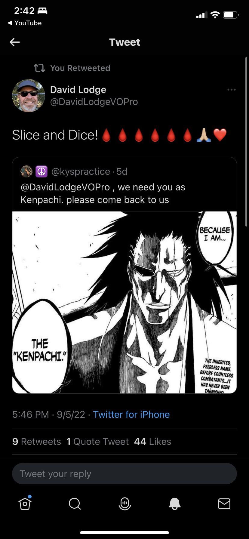 Original kenpachi English dub vpice actor replied to my tweet ! So cool