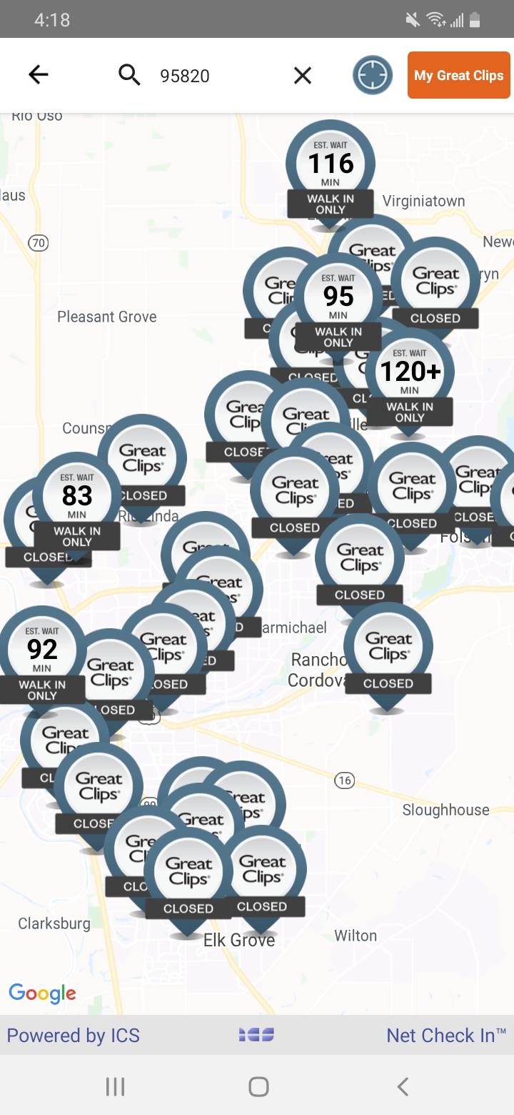 A screenshot of the Great Clips wait times at the locations that are