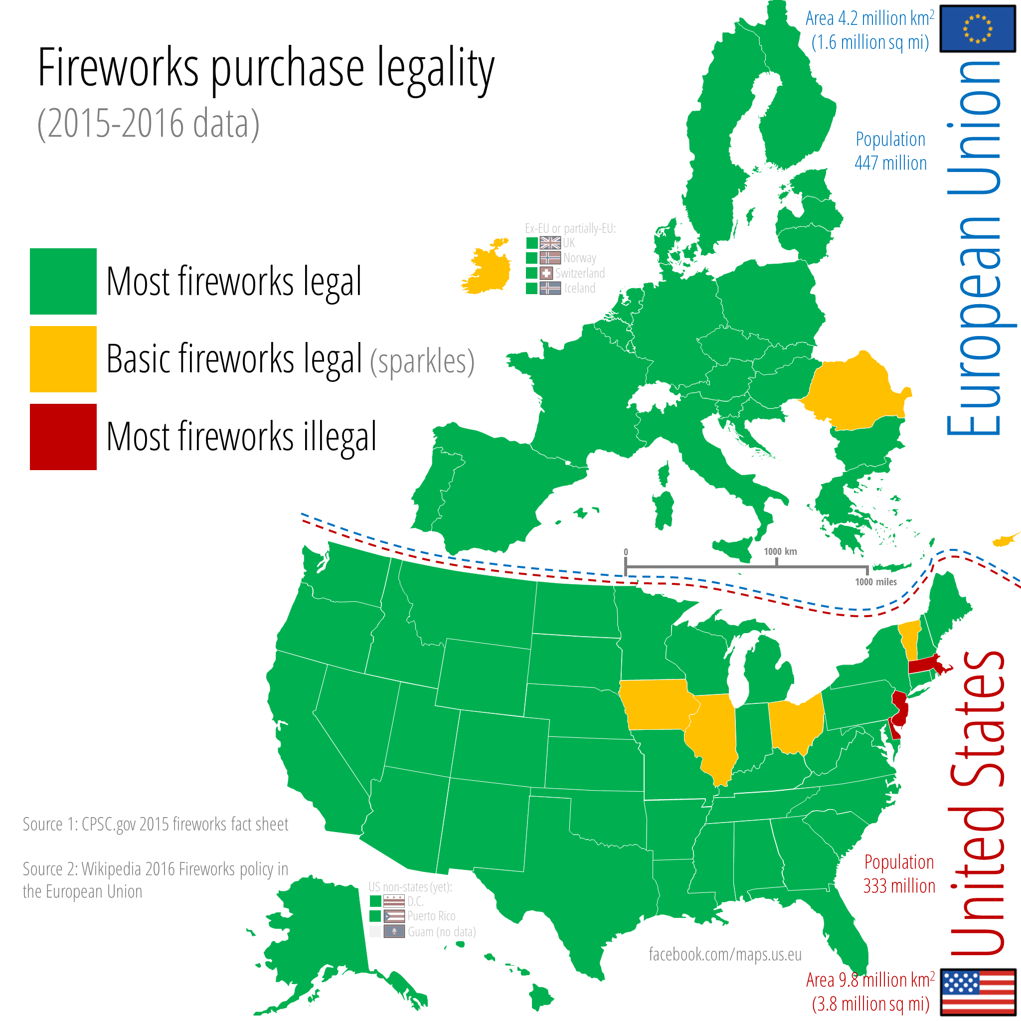 Fireworks purchase legality across the US and the EU. 20152016 data 🇺🇸