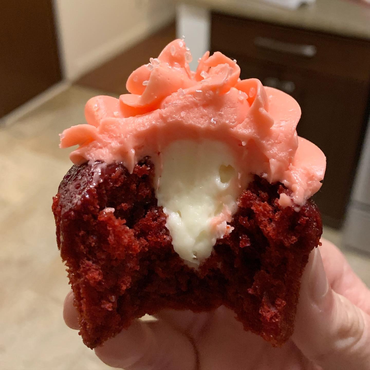Red velvet cupcake, cream cheese filling, vanilla Swiss meringue