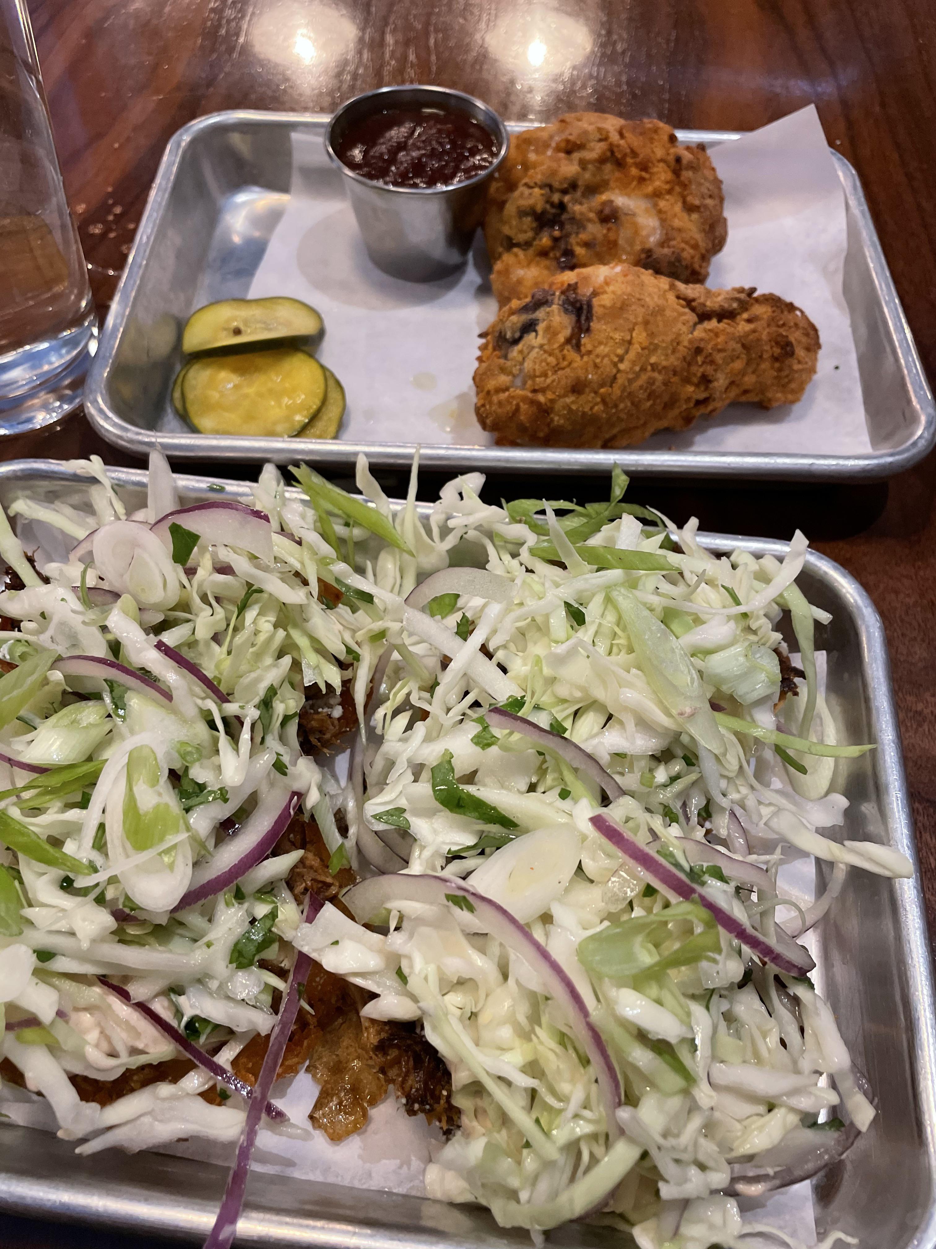 Delicious dinner! Buttermilk chicken leg and thigh, slaw, cotija cheese