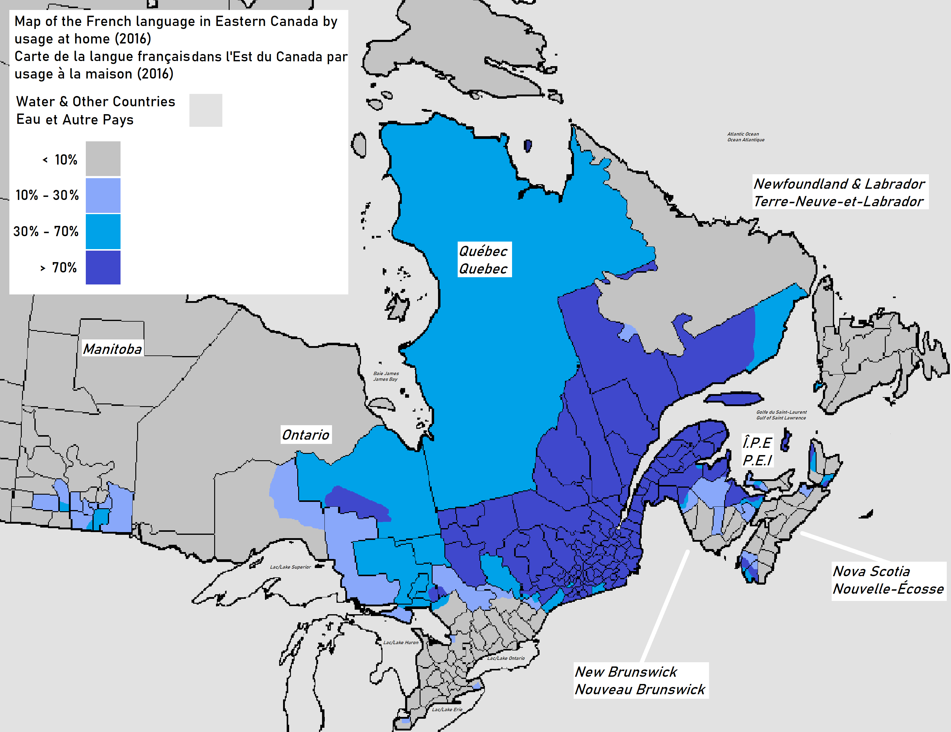 Map of the French Language in Eastern Canada by usage at home (Census