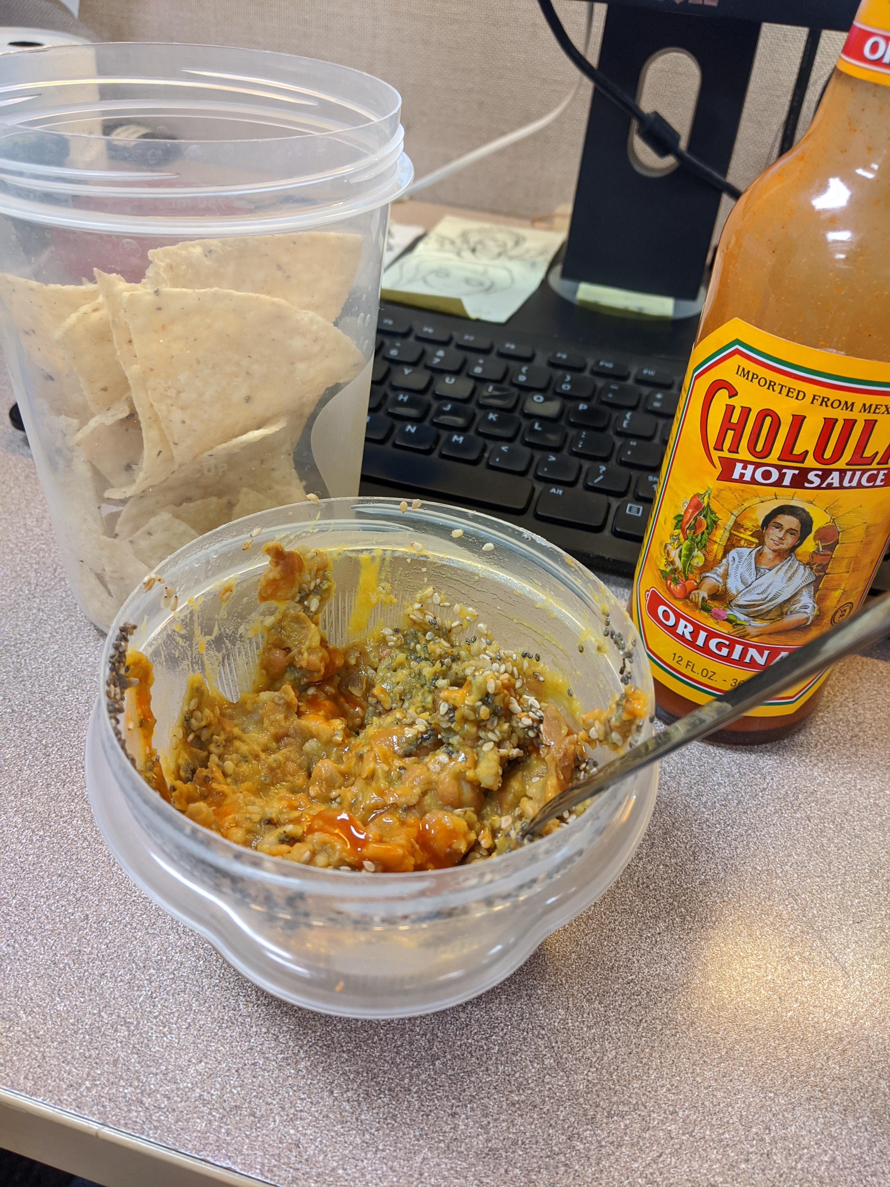 Vegan Hangover Breakfast. Just refried beans with seeds! r