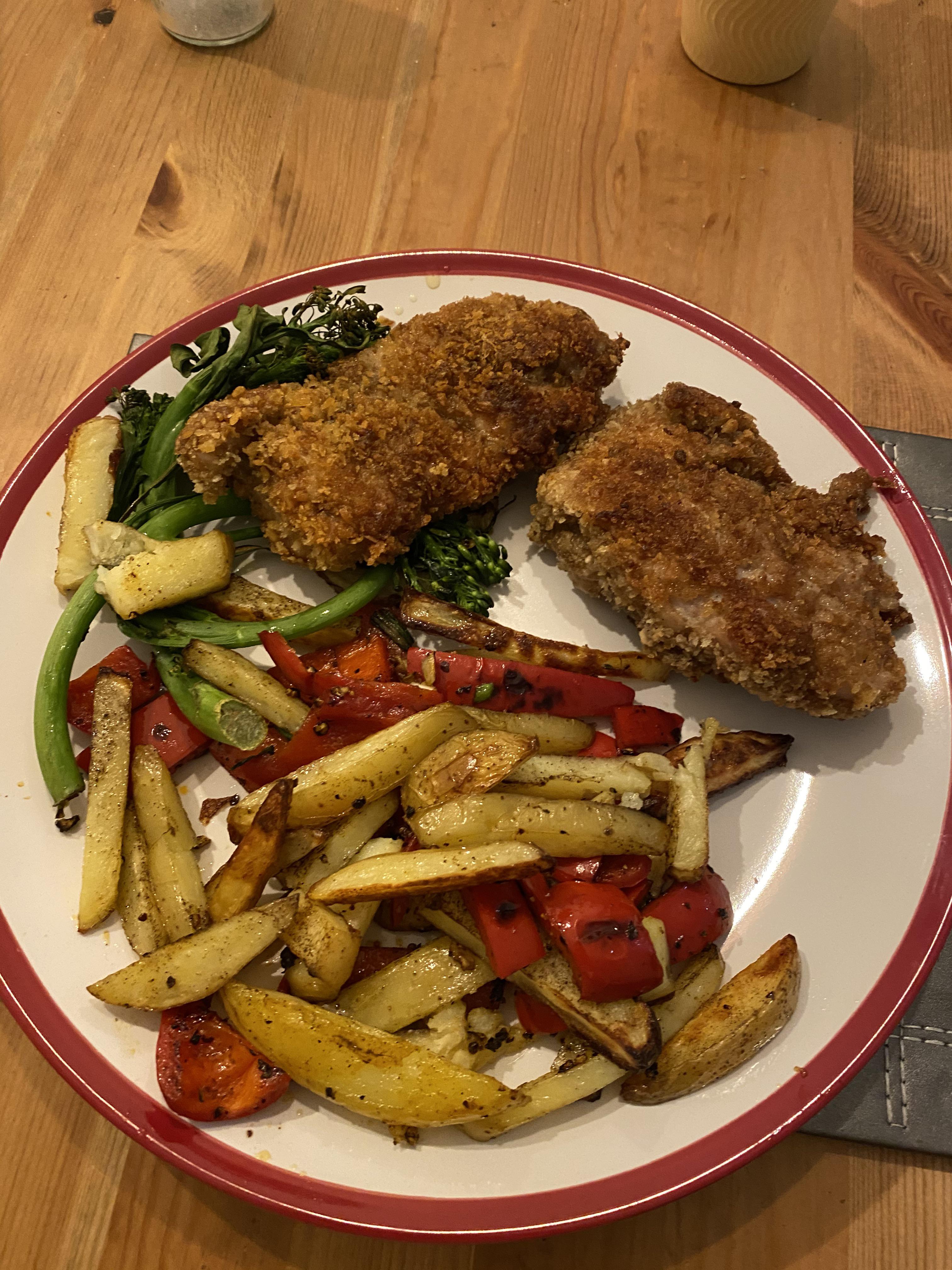 Firecracker chicken with salt and pepper chips. And such a huge portion of chicken