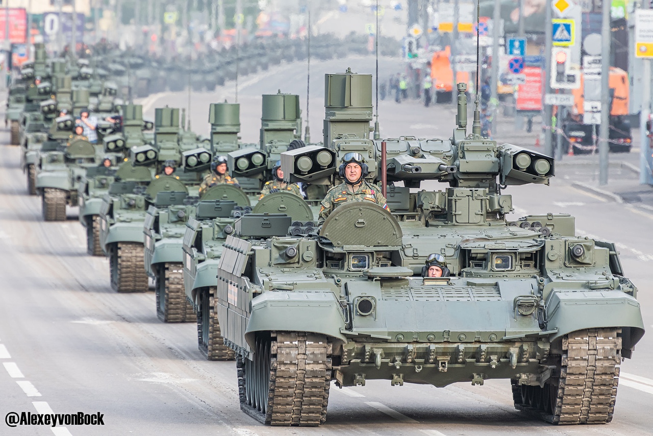 A column of "Terminator2" BMPT (Tank Support Fighting Vehicle) in