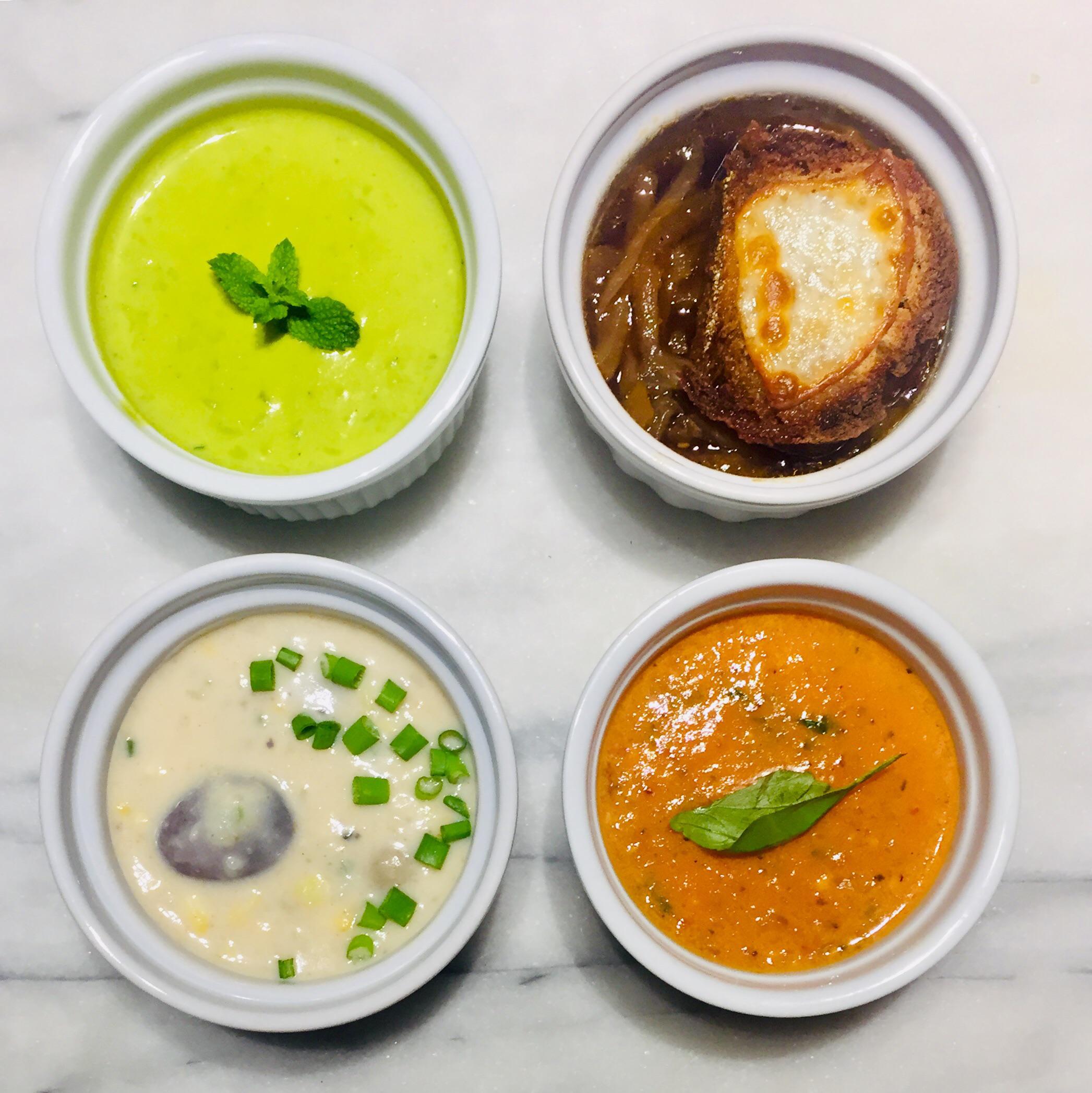 Homemade soup sampler. Mint pea, French onion, potato corn, fire