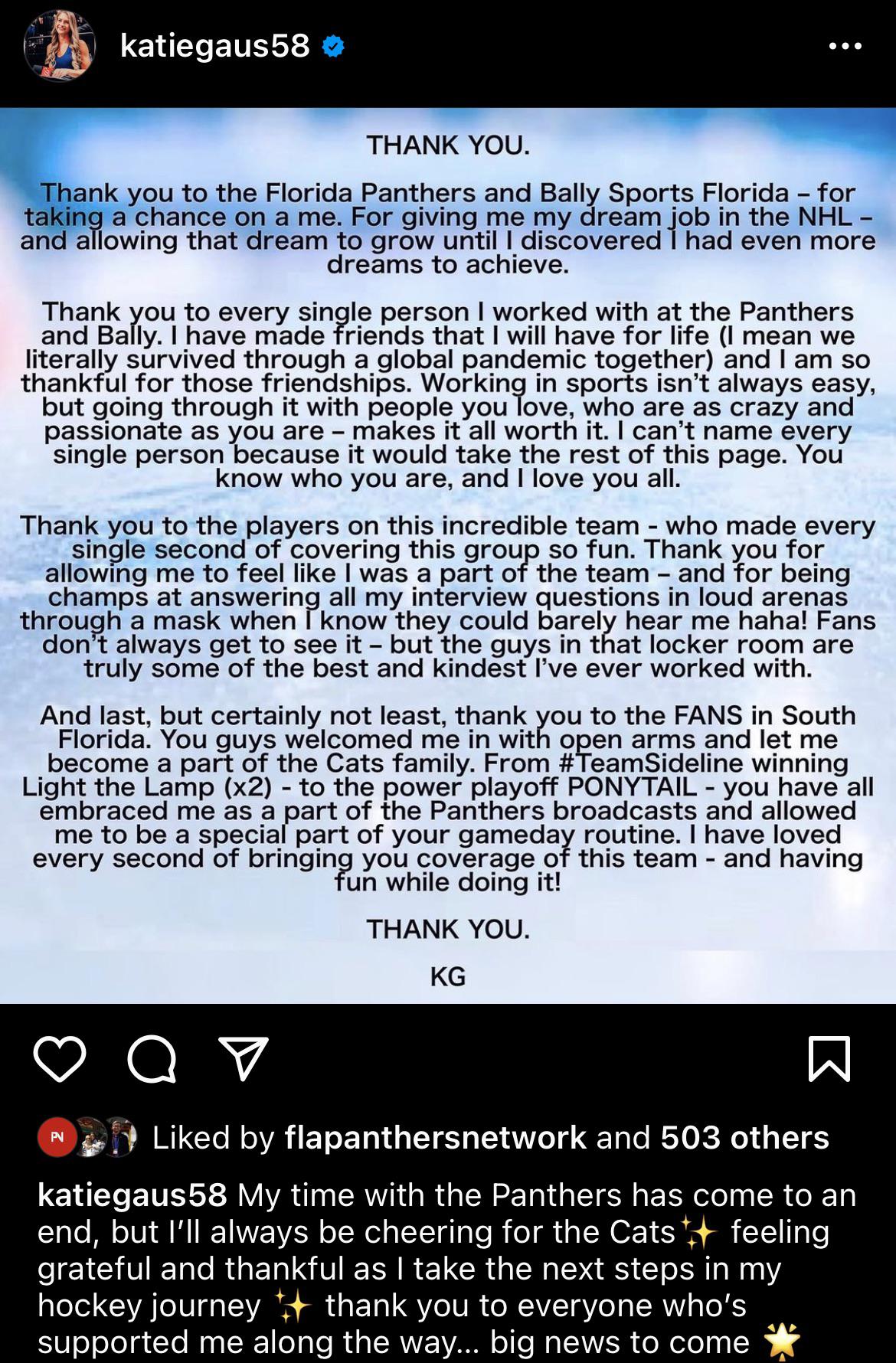 Katie Gaus gone from Bally Sports Panthers broadcast r/FloridaPanthers