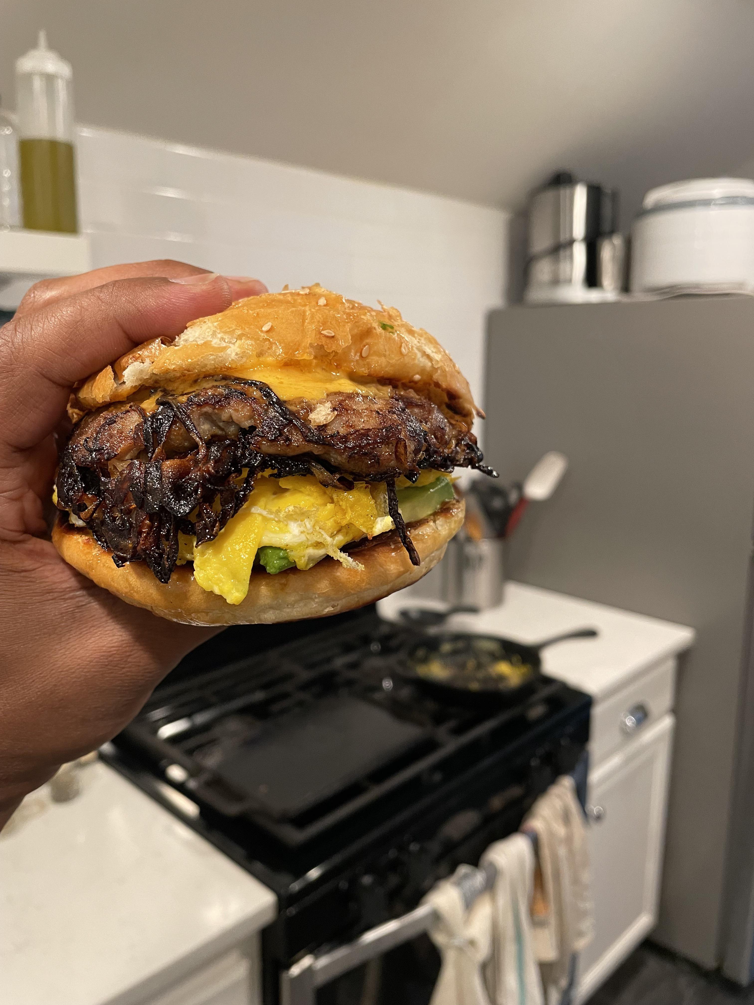 Breakfast burger for dinner with homemade country sausage and bun