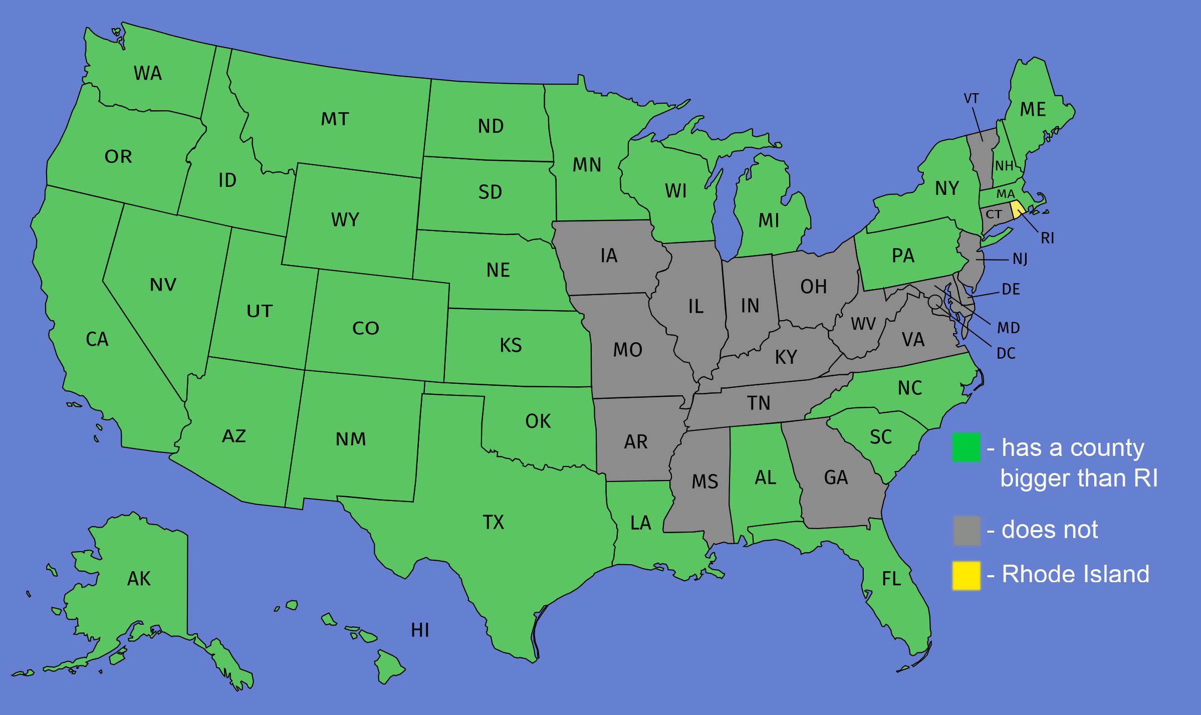 US states with counties (or equivalent) bigger than Rhode Island [OC