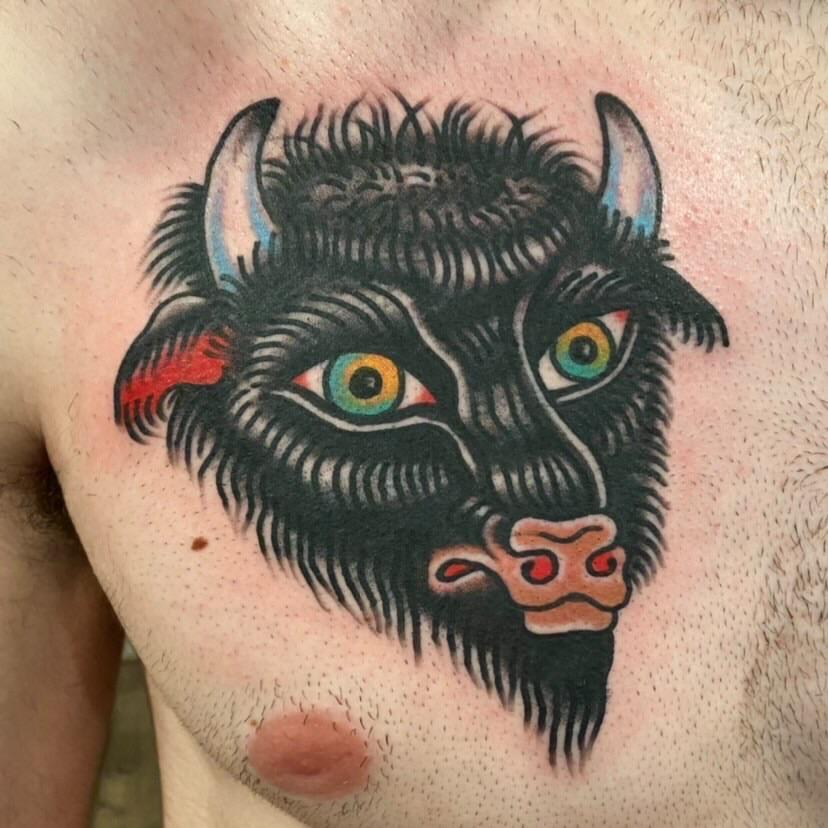 My latest, bison head by Dan Santoro American House, Hawley PA r/tattoos