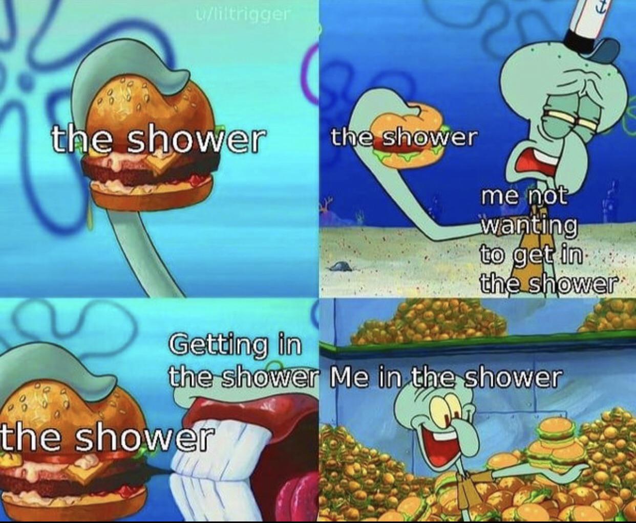 Squidward reluctantly eating krabby patty then indulging templete