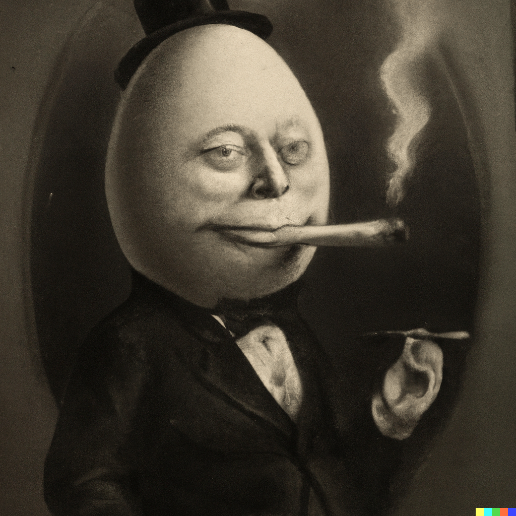 high fidelity portrait of an anthropomorphic egg smoking a comically fat cigar wearing a top hat