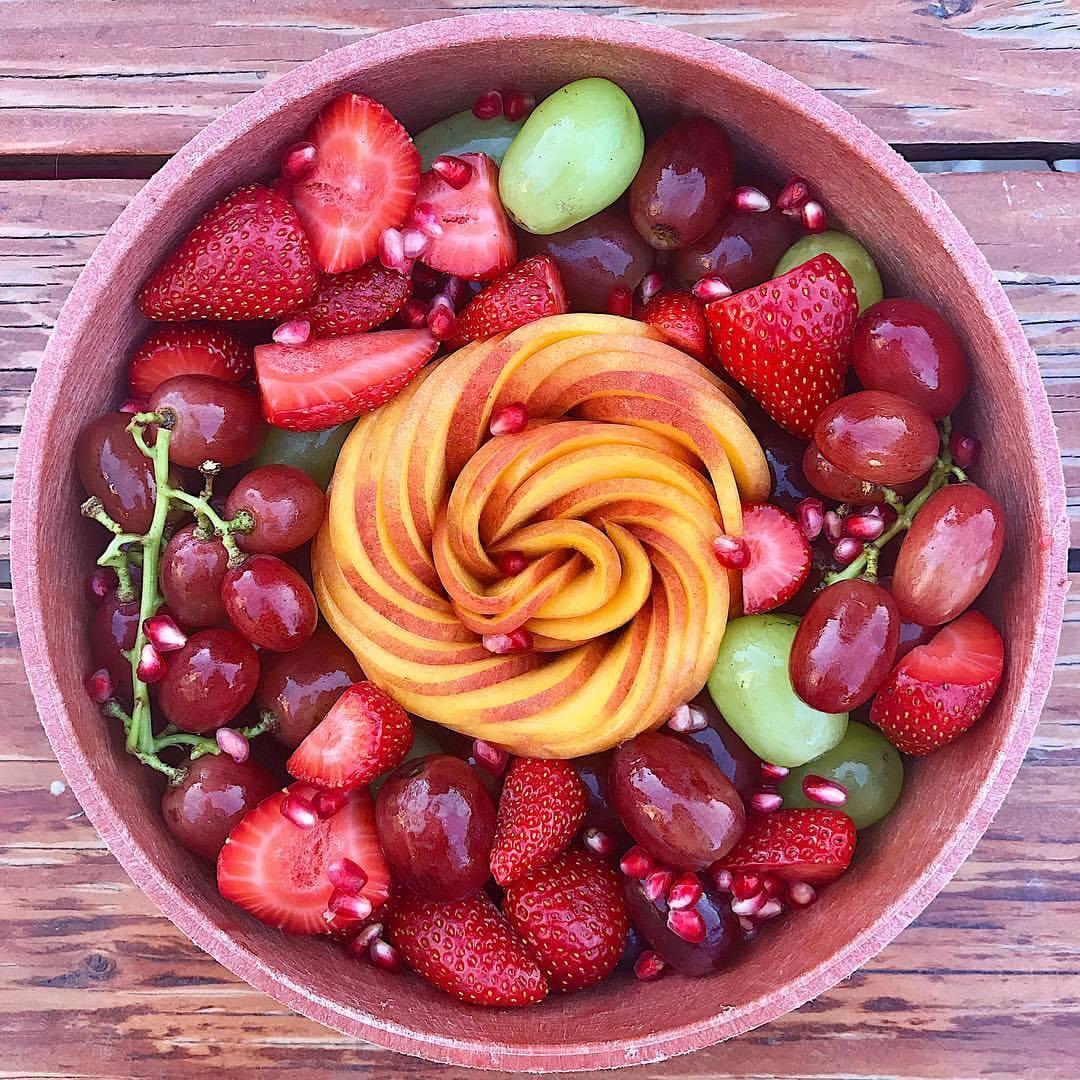 [homemade] fruit plate with a peach shaped into a rose. r/food