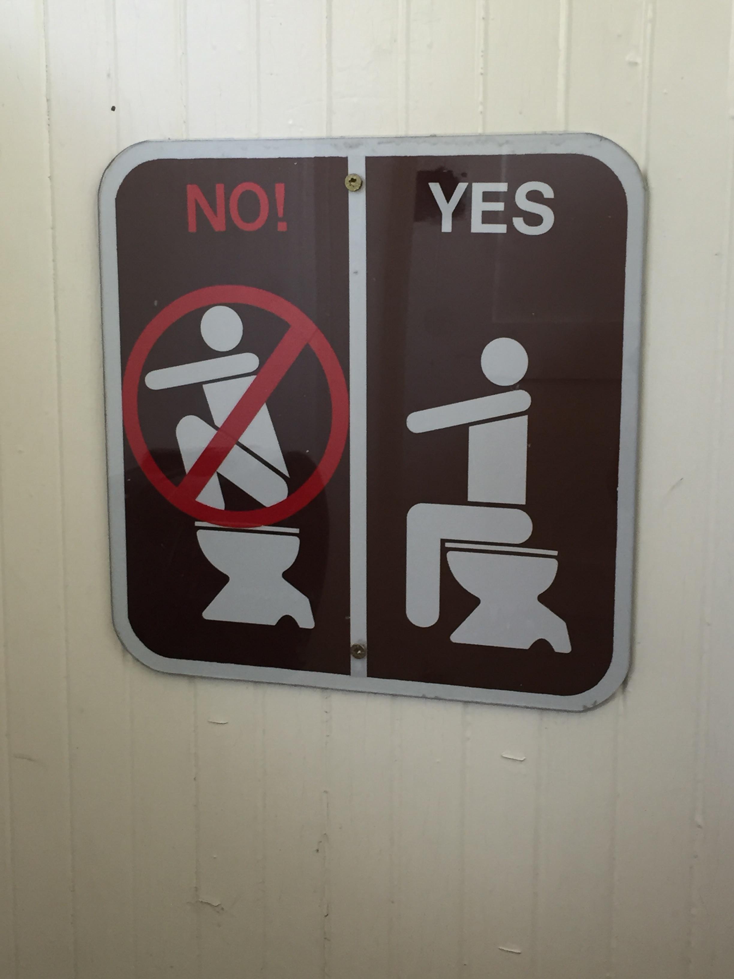This sign that shows how to sit and not to sit on the toilet r