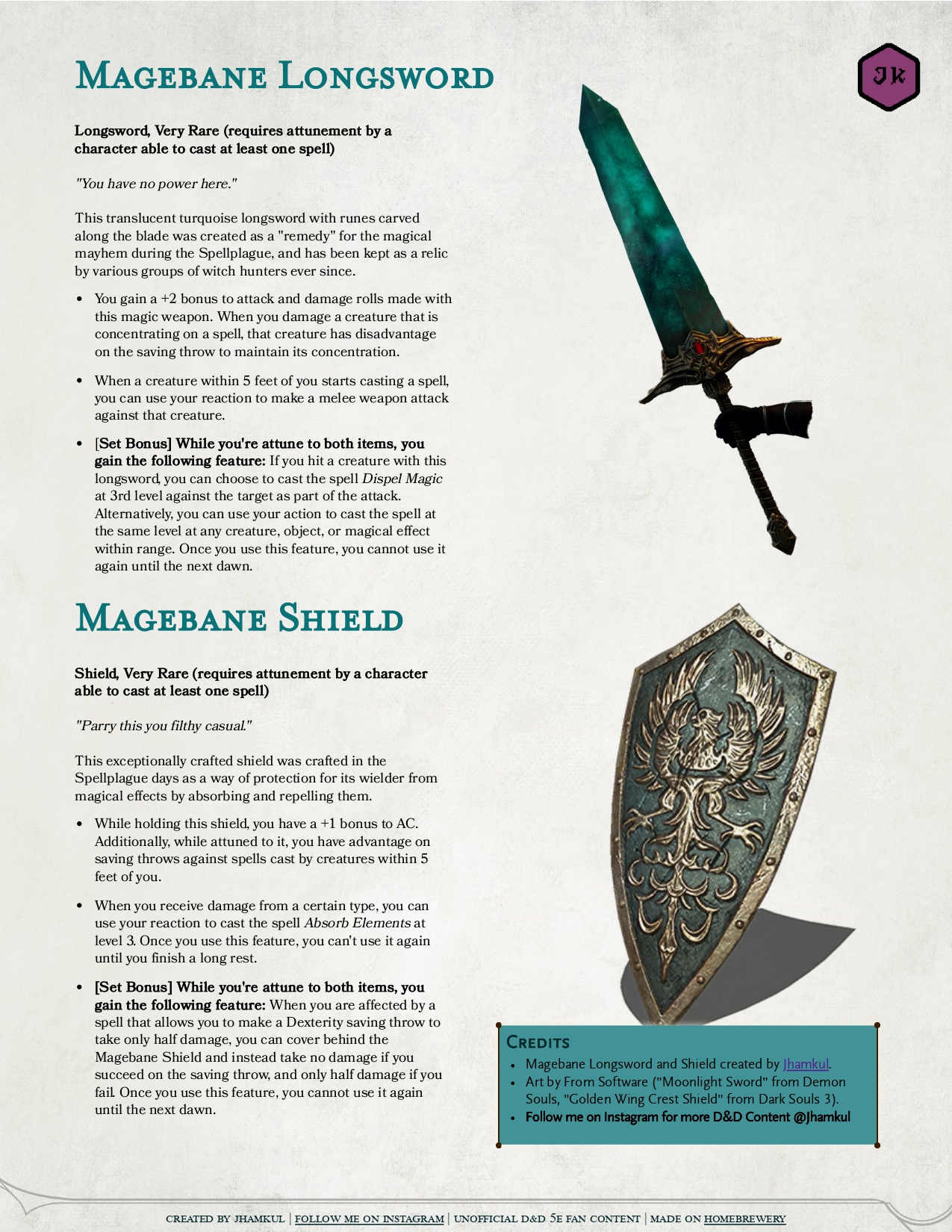 Magic Item Magebane Longsword & Shield Items inspired by unpopular