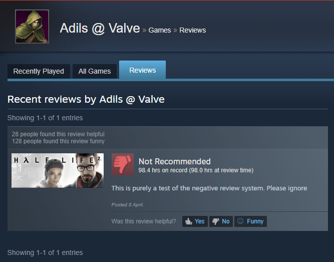 A Valve employee reviewed HalfLife 2 as "Not for a "test