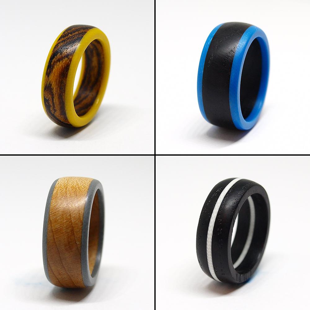 Wood rings with g10 (knife handle material). bocote wood, maple wood and bog oak handmade