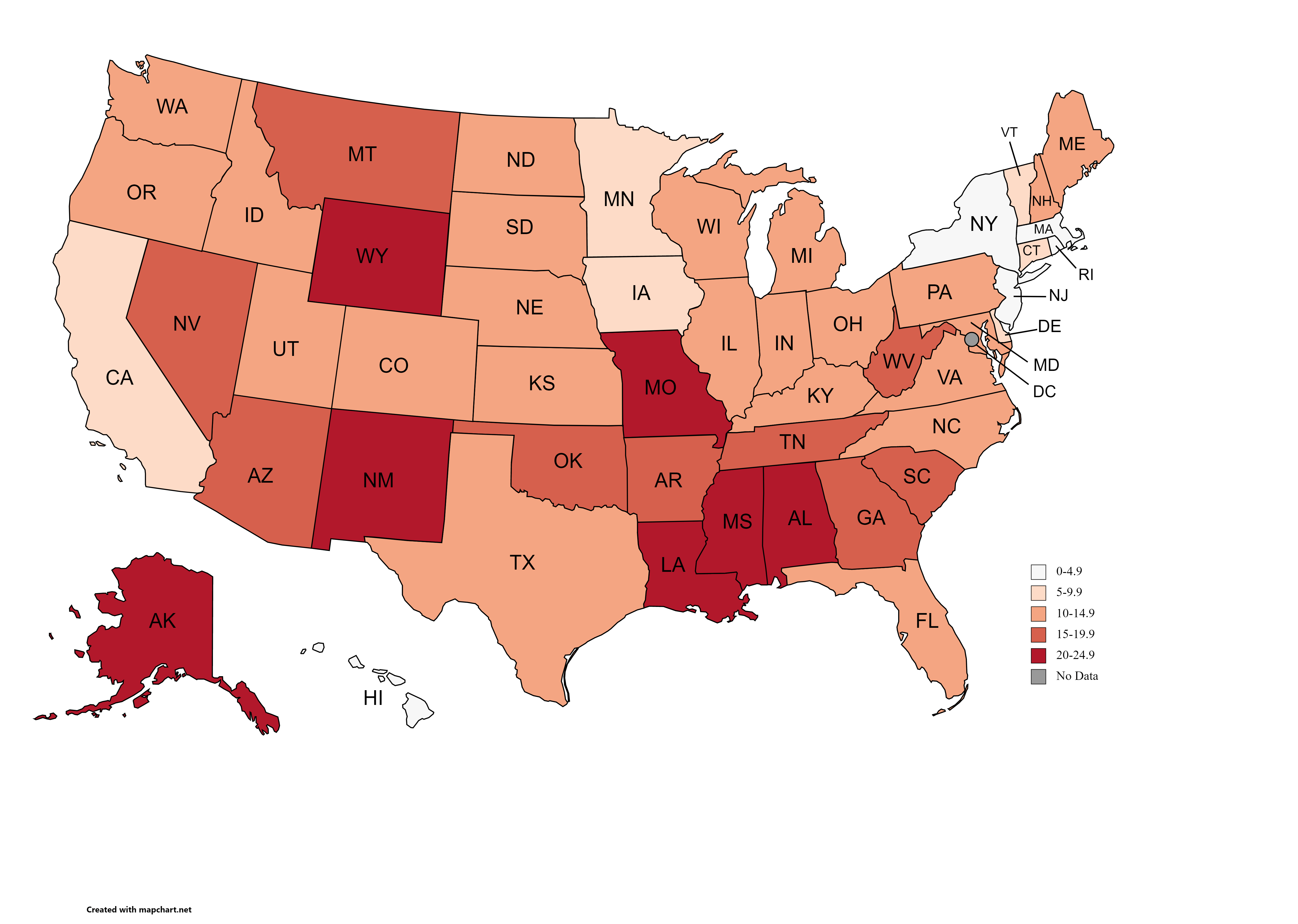 Gun Deaths per 100k people in each U.S. State(2019) r/MapPorn
