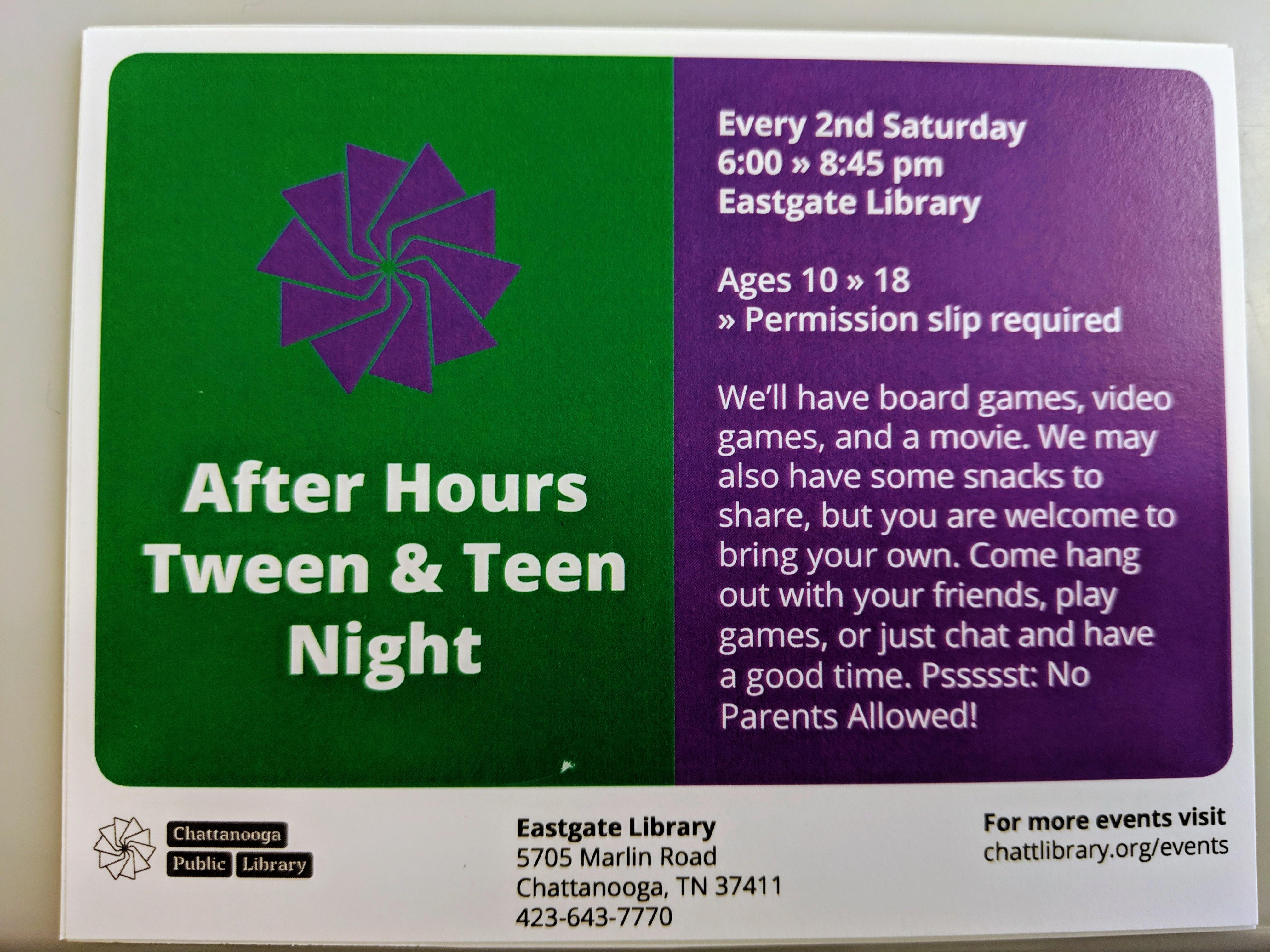 After Hours Tween & Teen Night tomorrow at Eastgate Library! r