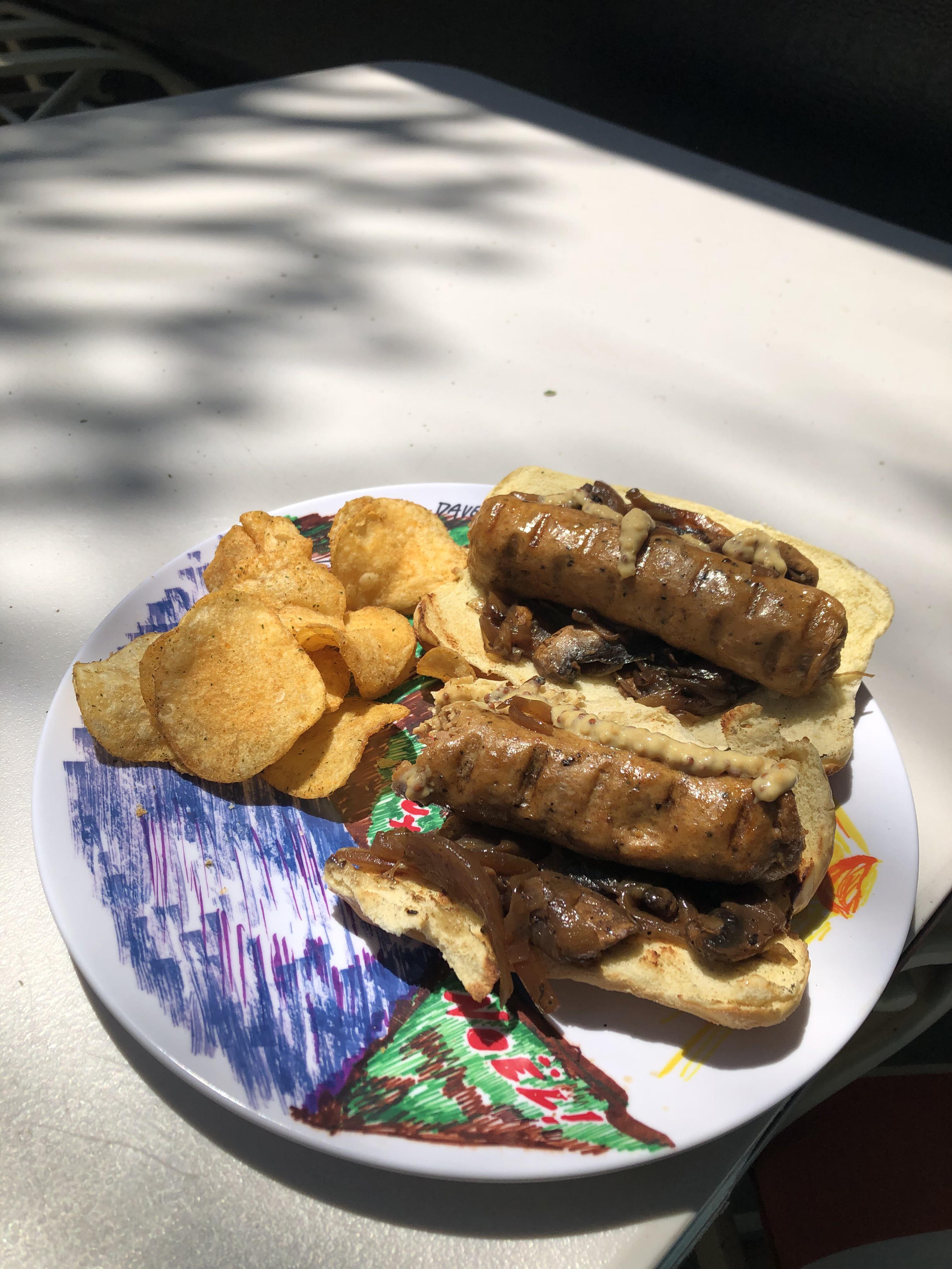 Beyond Sausage hot dogs with caramelized onions and mushrooms r/veggit