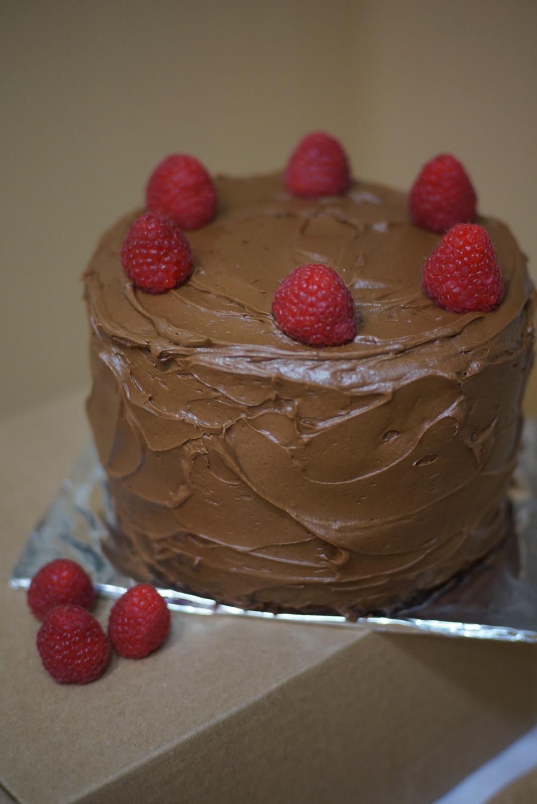 [homemade] 6” chocolate cake with fresh raspberry jam and