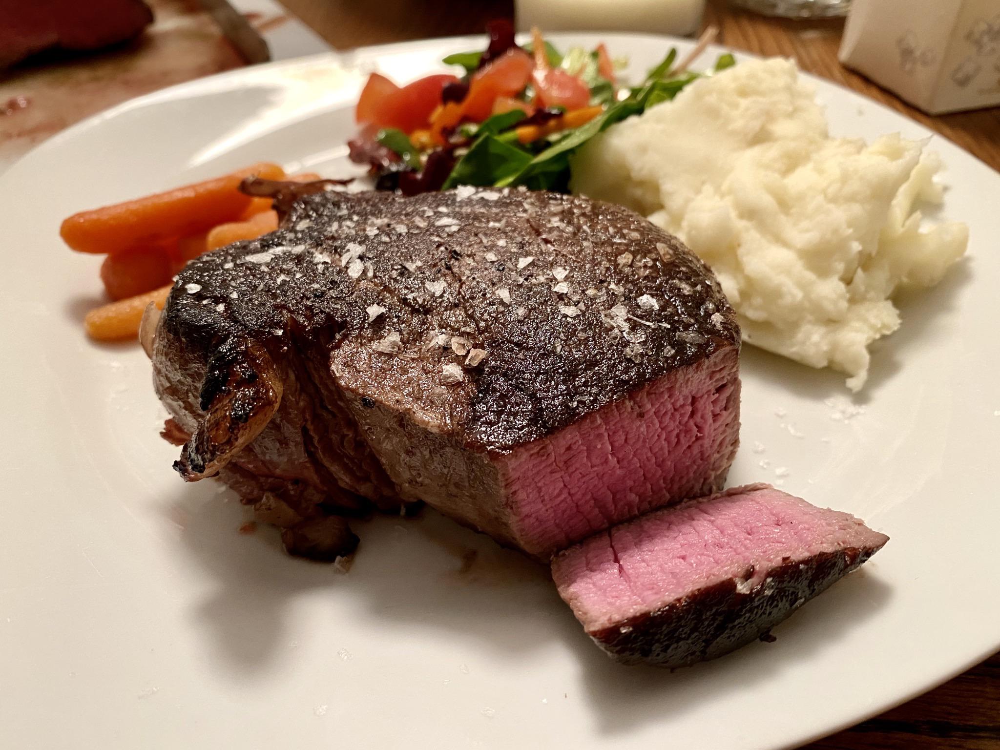 Wife’s birthday dinner. Costco Filet, 135F with mayo sear and Maldon