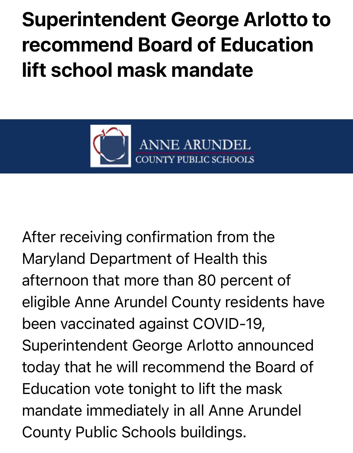 02/16 Anne Arundel County Board of Education to vote on lifting