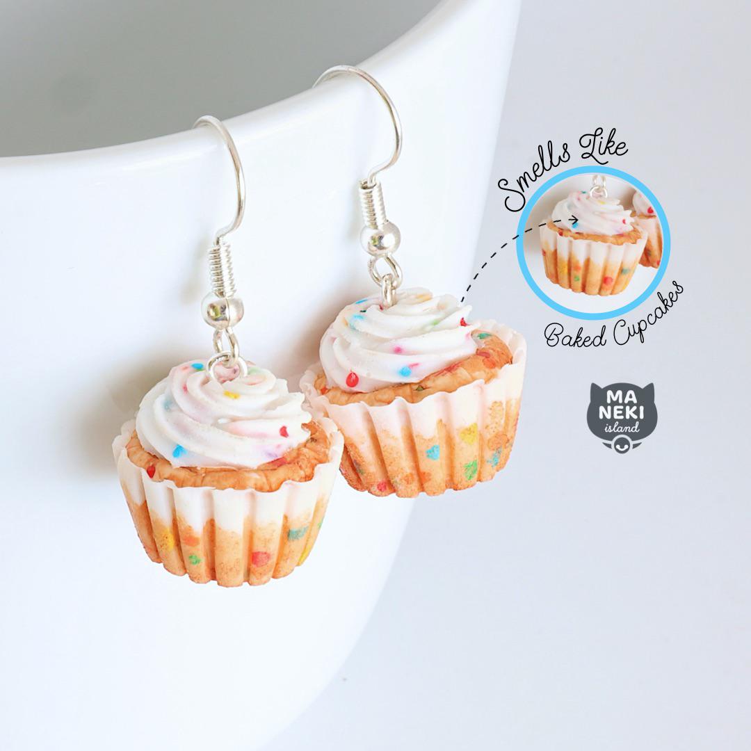 Hand sculpted confetti cupcake earrings from polymer clay. Baked