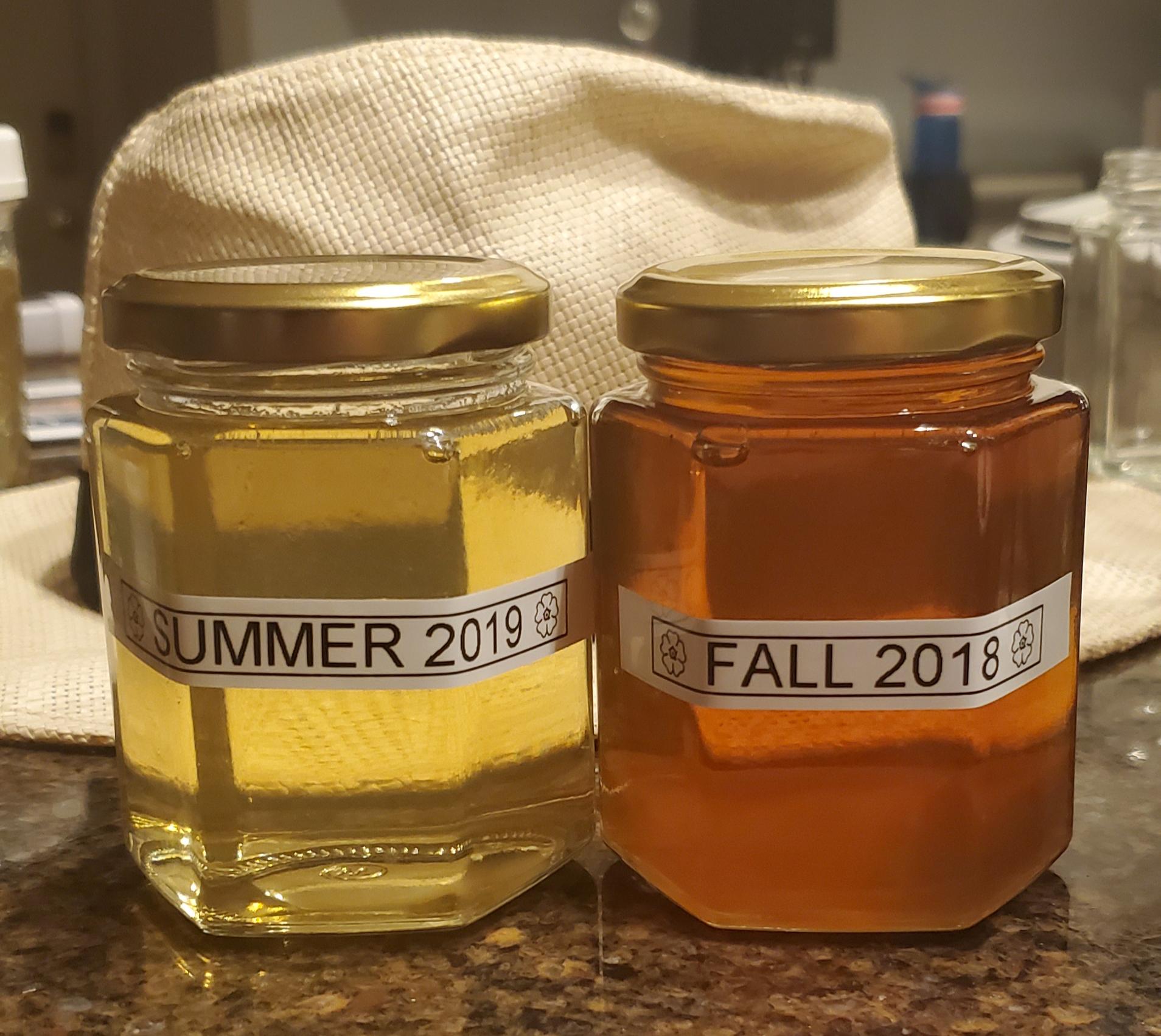The colour difference between last fall's honey harvest and this summer