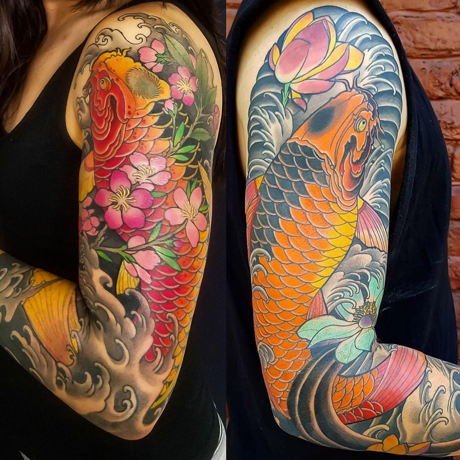Two Koi Fish Sleeves by me, Adam Sky, Morningstar Tattoo, Belmont, Bay