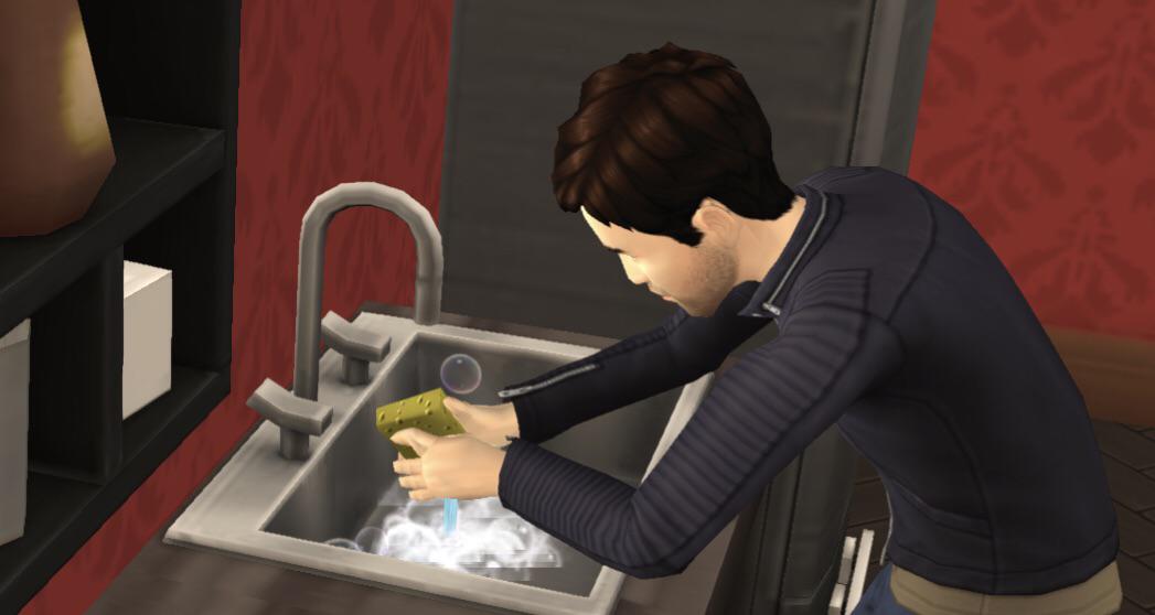 Extremely rare sighting, a Sim using the kitchen sink and not the bathroom sink to do the dishes