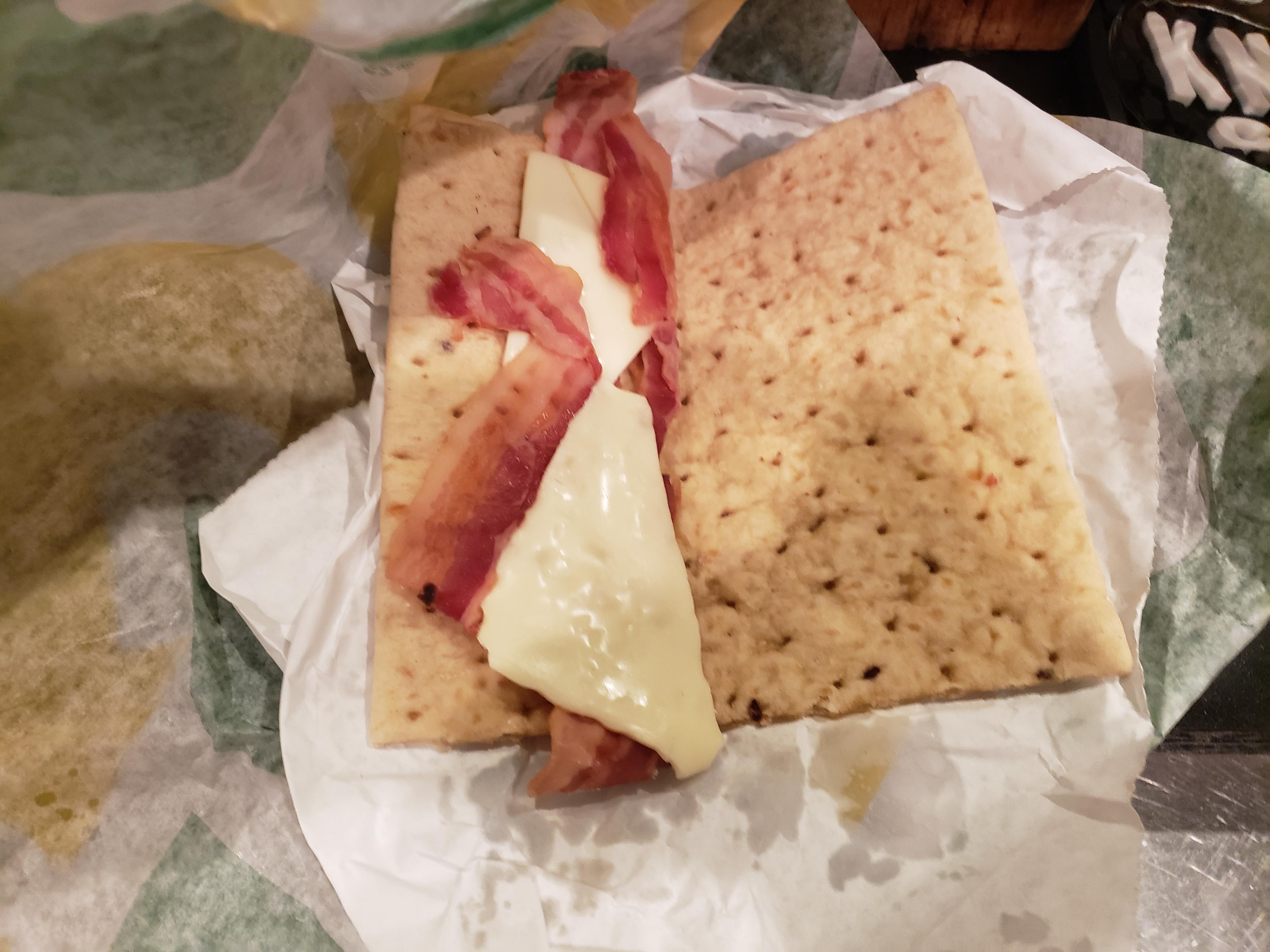 Asked for a toasted bacon, egg, and cheese flatbread from Subway